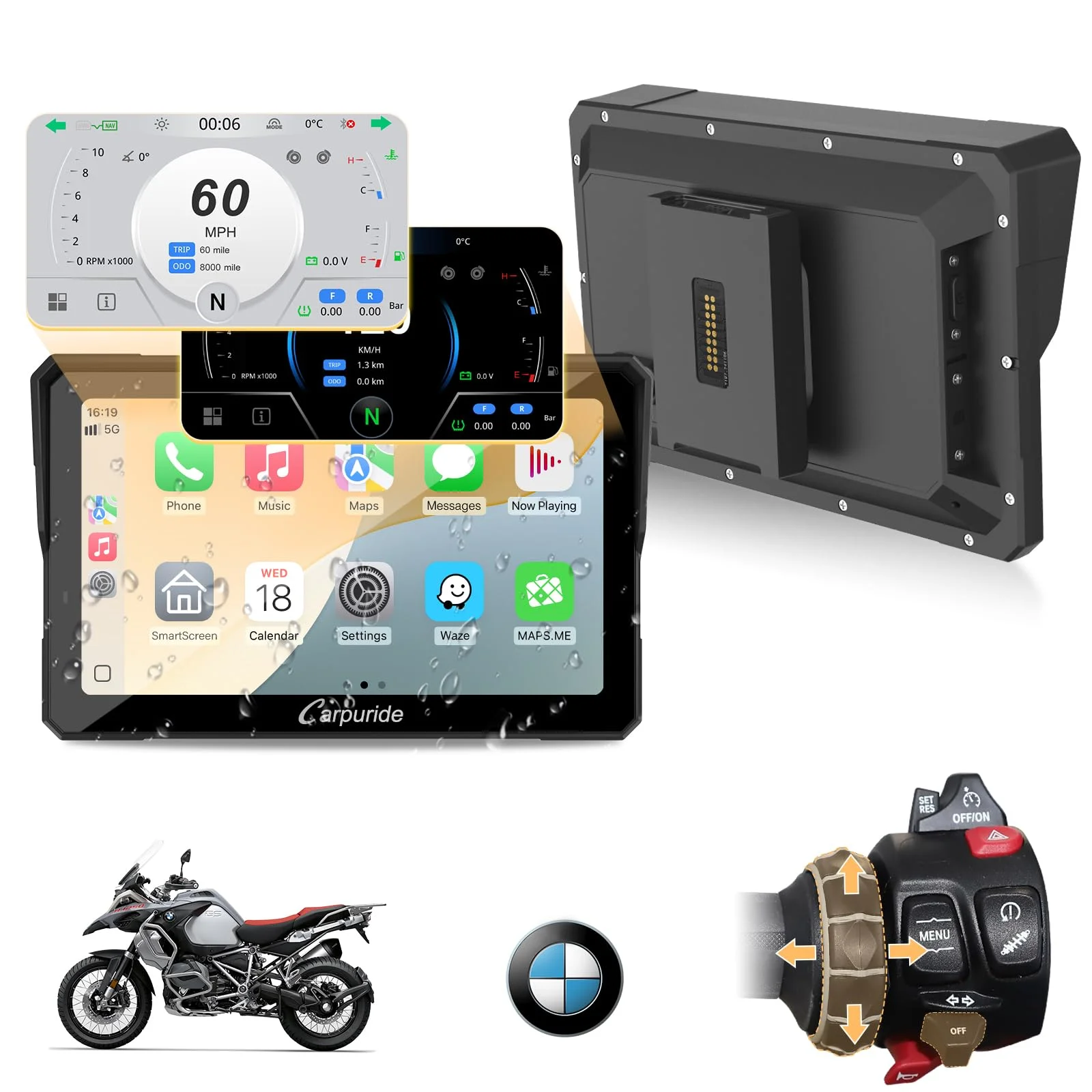 Carpuride W702BS Pro Motorrad Carplay Bildschirm mit Nativ Wonder Wheel für BMW Motorrad, Kabelloses CarPlay & Android Auto, 7" Wasserdichter Touchscreen, Dual Bluetooth, Gegensprech, Datenauslesung.