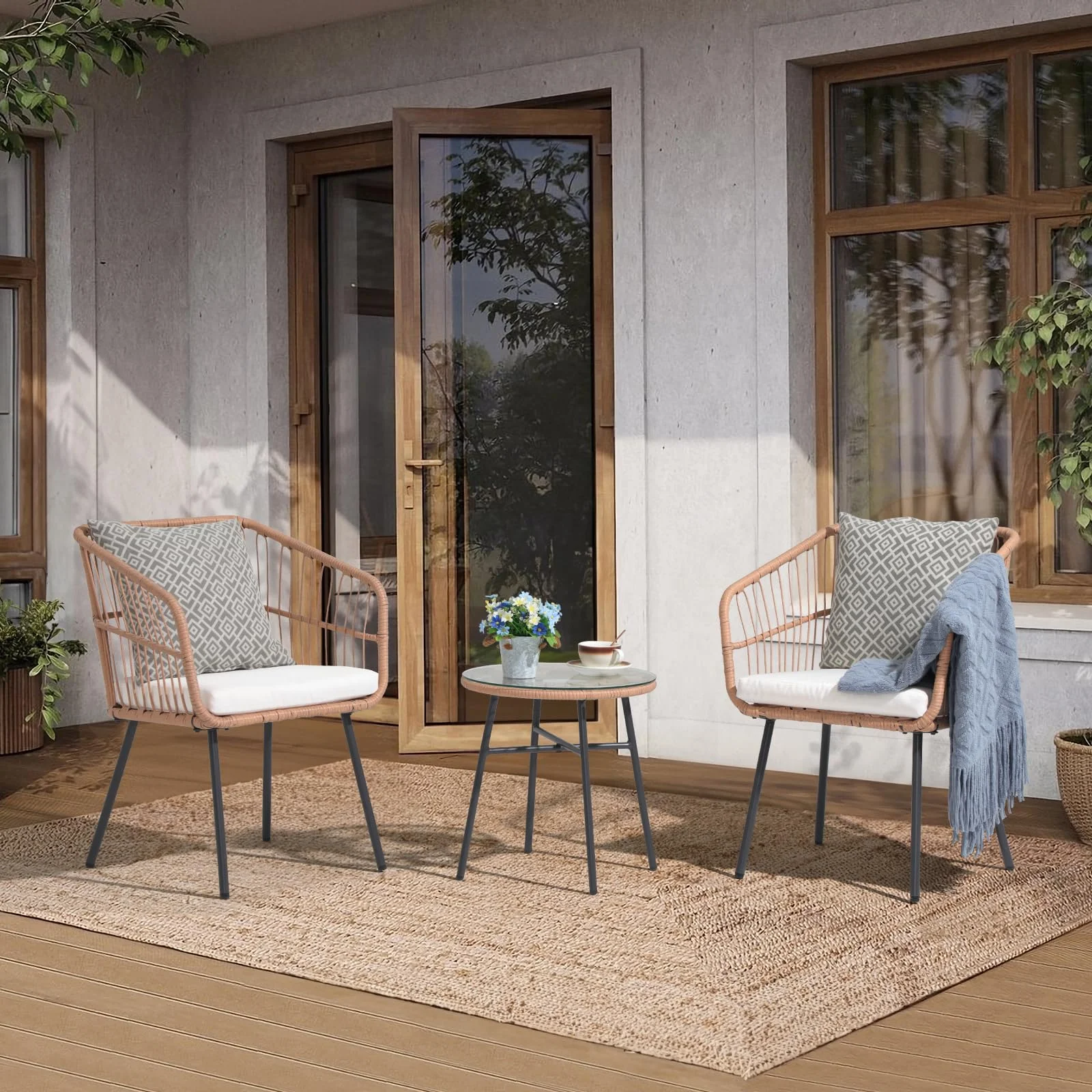 OC Orange-Casual 3-TLG Bistro Set, Outdoor Gartenmöbel, Wetterfeste Rattan Gartensofa Set mit 2 Stühle und Beistelltisch, für Veranda, Garten, Balkon, Weiß(Kissen)