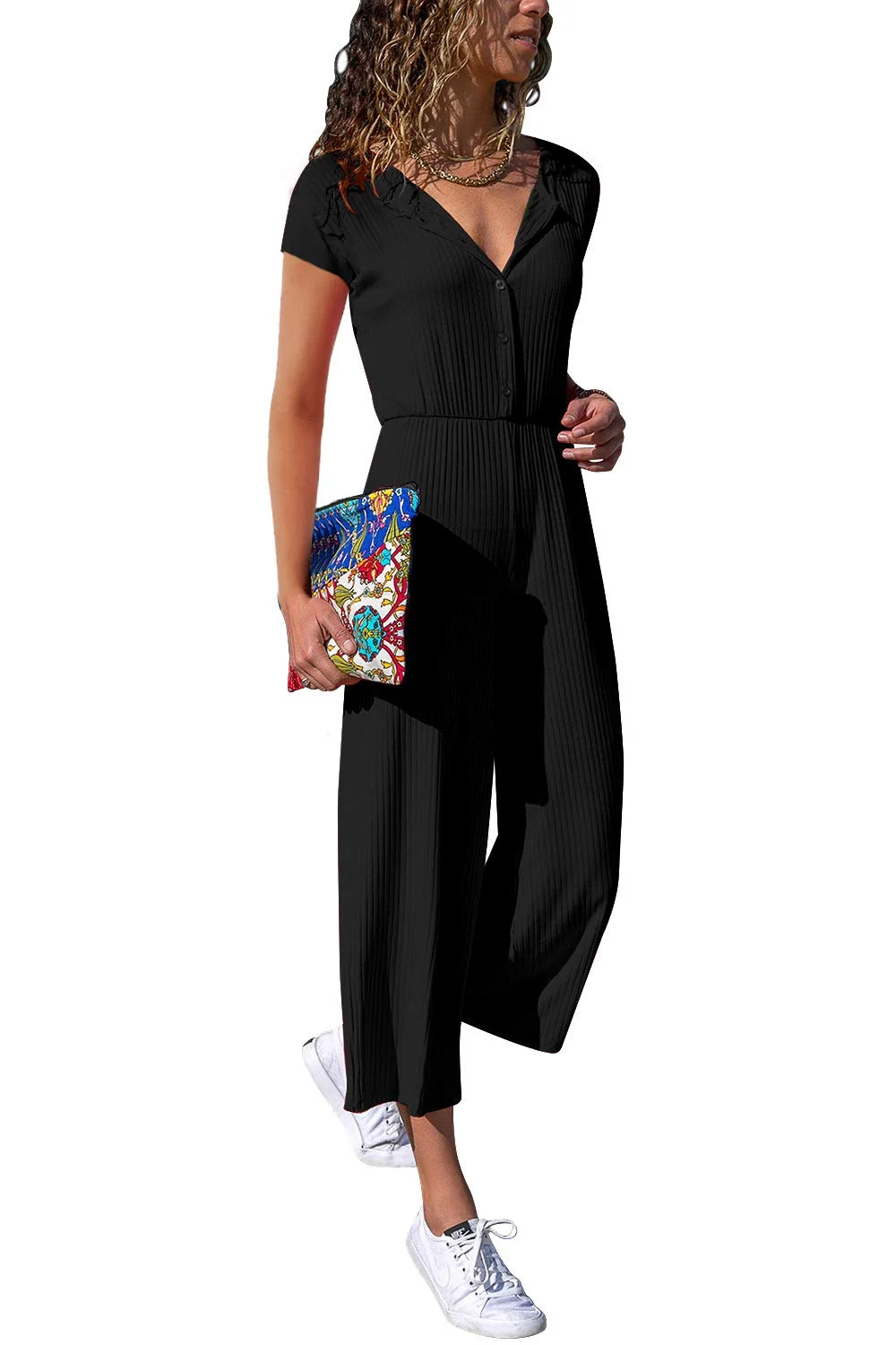 Cassiecy Jumpsuit Damen Elegant Kurzarm Playsuit V-Ausschnitt Casual Lose Overalls Lang Romper