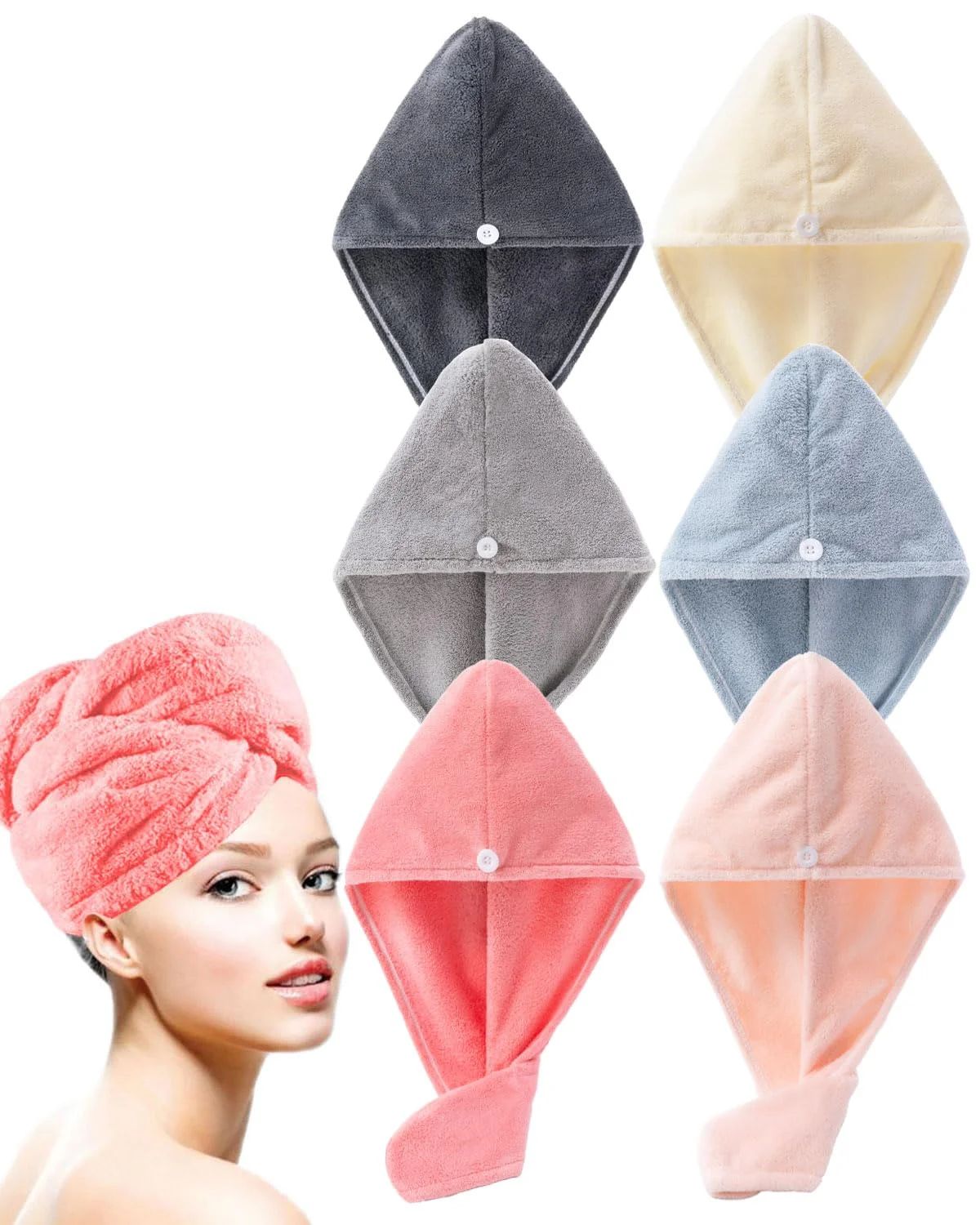 Lumimi 6 Stück Haartrockenturban Set Saugstark Super Weich Leicht Praktisch Urlaub Dusche Sauna Rosa Grau Hellrosa Hellblau Dunkelgrau Weiss
