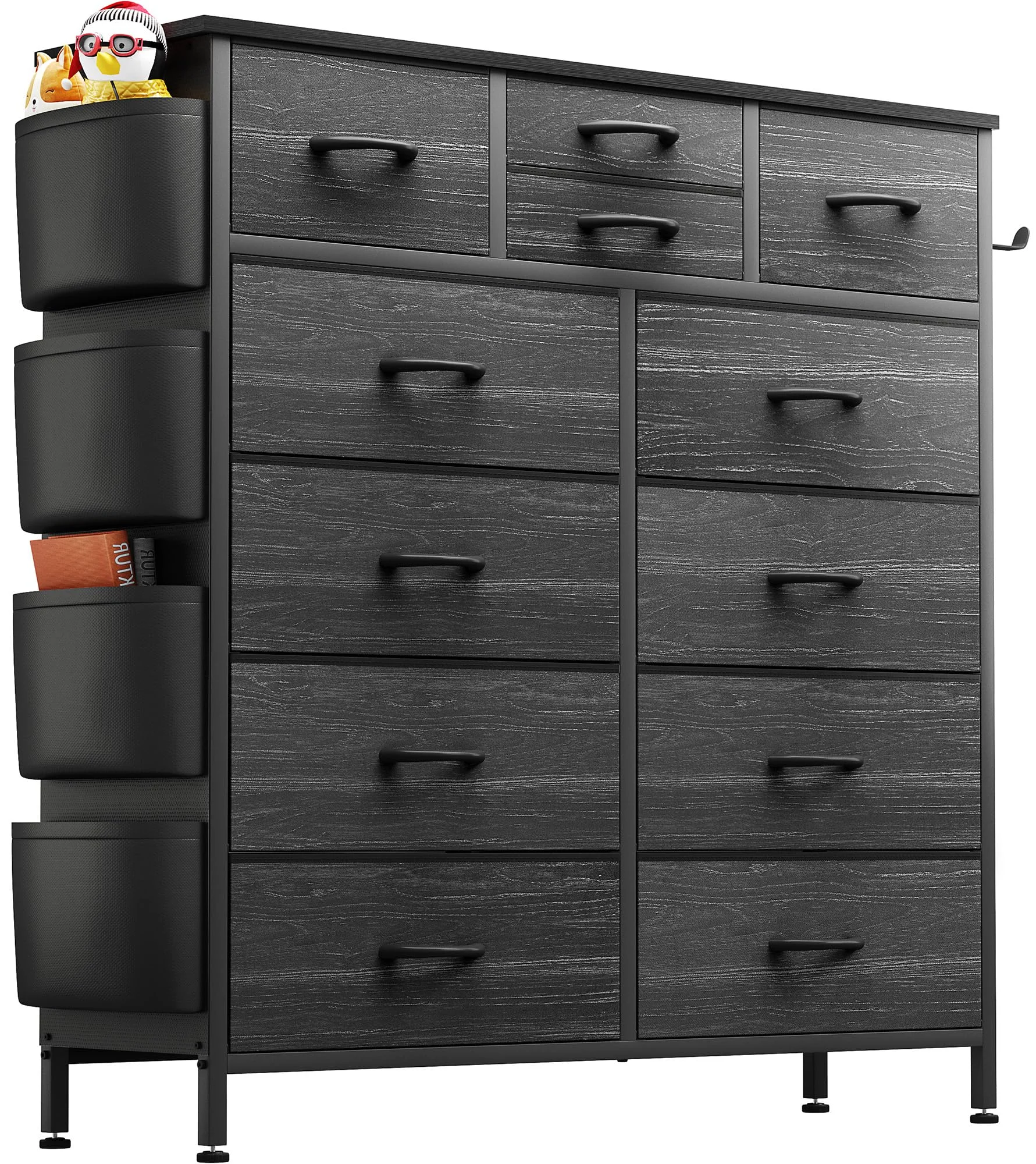 Buluri Kommode mit 12 Stoffschubladen, Komodenschrank mit Seitentaschen und Haken, Holzplatte und Metallrahmen, Stoffkommode für Schlafzimmer, Wohnzimmer, Flur, Kinderzimmer (Schwarze Holzmaserung)