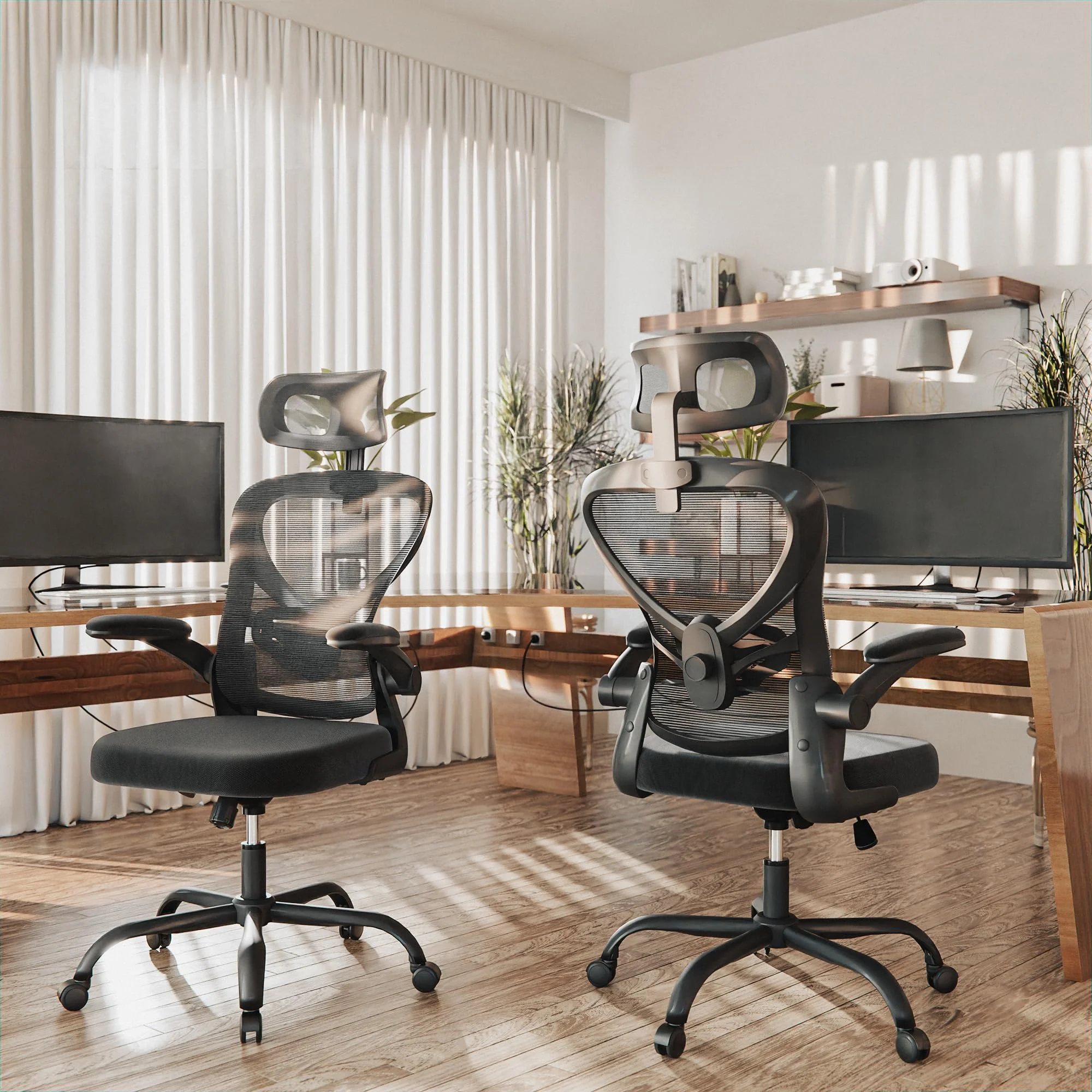 ALAULM Ergonomischer Bürostuhl mit Verstellbarer Lendenwirbelstütze und um 90° hochklappbaren Armlehnen, Computerstuhl mit hoher Rückenlehne aus Netzgewebe für Zuhause und Büro
