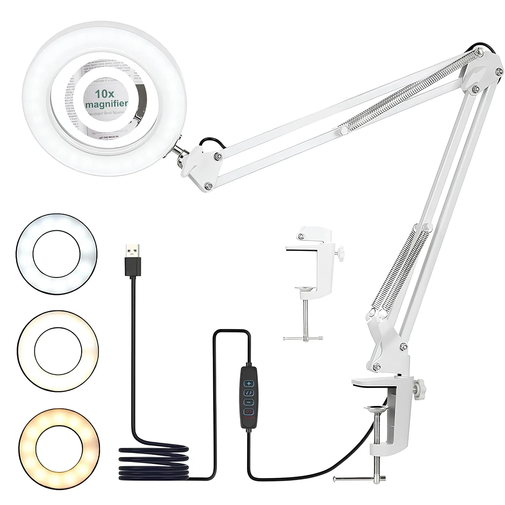 EHIOG Faltbare Tischlampe mit LED & Lupe, 10-fache Vergrößerung, 72 Lampenperlen, 3 Lichtmodi, 10 Dimmstufen – Schwenkarm-Lampe mit Metallklemme für Nägel, Lesen, Hobby & Arbeit-Weiß
