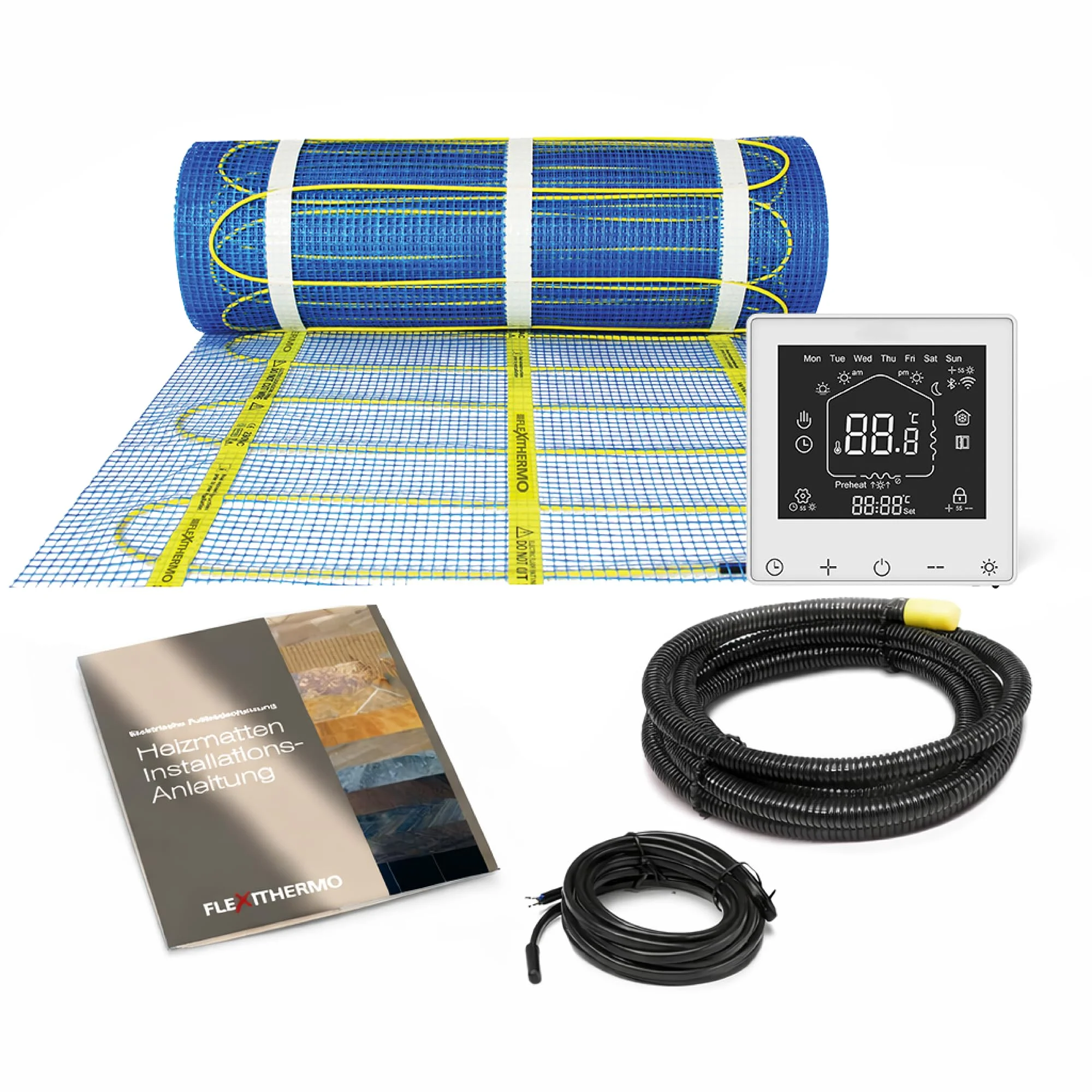 Flexithermo™ Standart elektrische Fußbodenheizung Komplett-Set I Heizleistung 150 W/m² (18,0m x 0,5m; 9m²) Fußbodenheizung elektrisch f. Böden aller Art I inkl. Digital-Thermostat mit Wochenprogramm