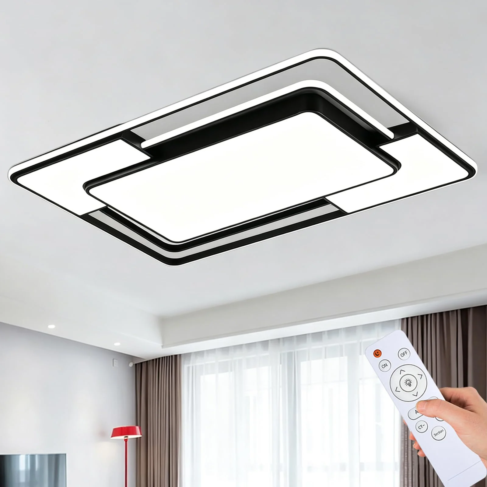 Style home 150W Deckenleuchte LED Deckenlampe, dimmbar mit Fernbedienung, warmweiß bis kaltweiß einstellbar, Rechteckige Leuchte für Wohnzimmer Schlafzimmer Büro (Schwarz, 90 * 60 * 6cm)