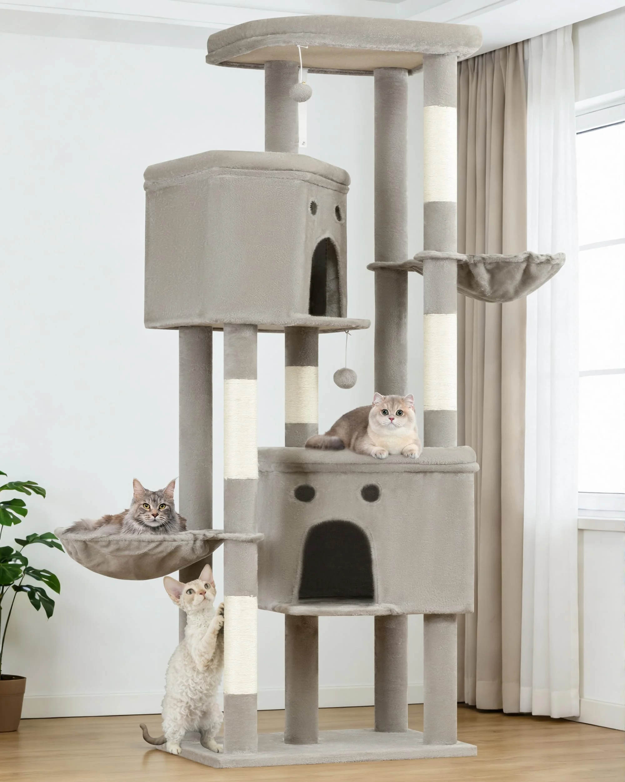 Kratzbaum Groß,Katzenbaum Grosse Katzen Stabil für Katzen - Mehrstöckiger Katzenkratzbaum mit 4 Kratzsäulen, 6 Plüschbälle, Plattformen, Höhlen, Hängematte - Cat Tree Tower