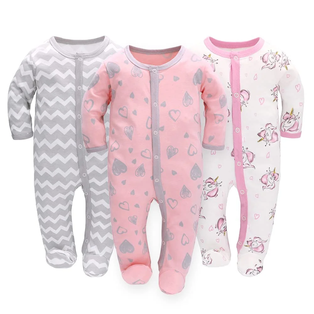3PCS Baby Schlafstrampler Babychlafanzug Babyschlafsack Baumwolle mit Füßen mit knöpfen Gr. 56 62 68 für Junge Mädchen Neugborenen