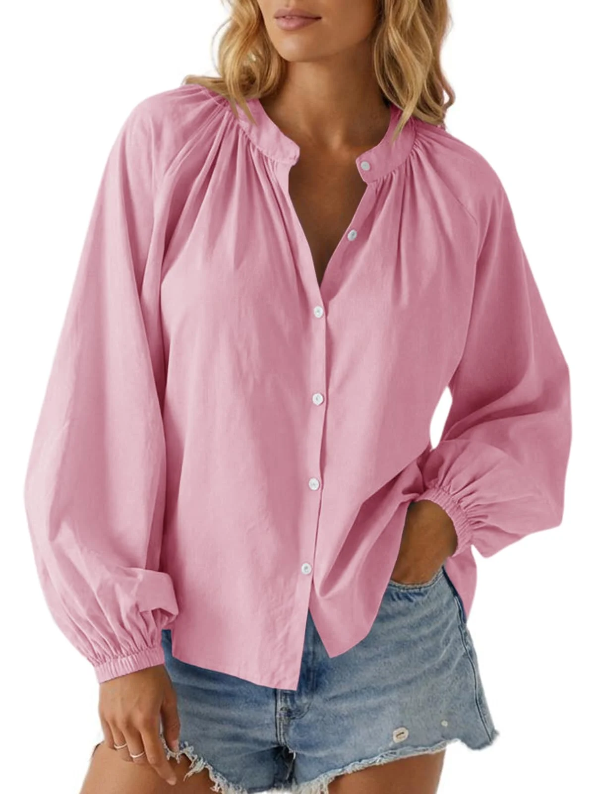 Cicy Bell Damen Rundhals Button Down Bluse Puffärmel Blusenhemd Einfarbig Langarmshirt Loose Fit Oberteile Lässige Tunika