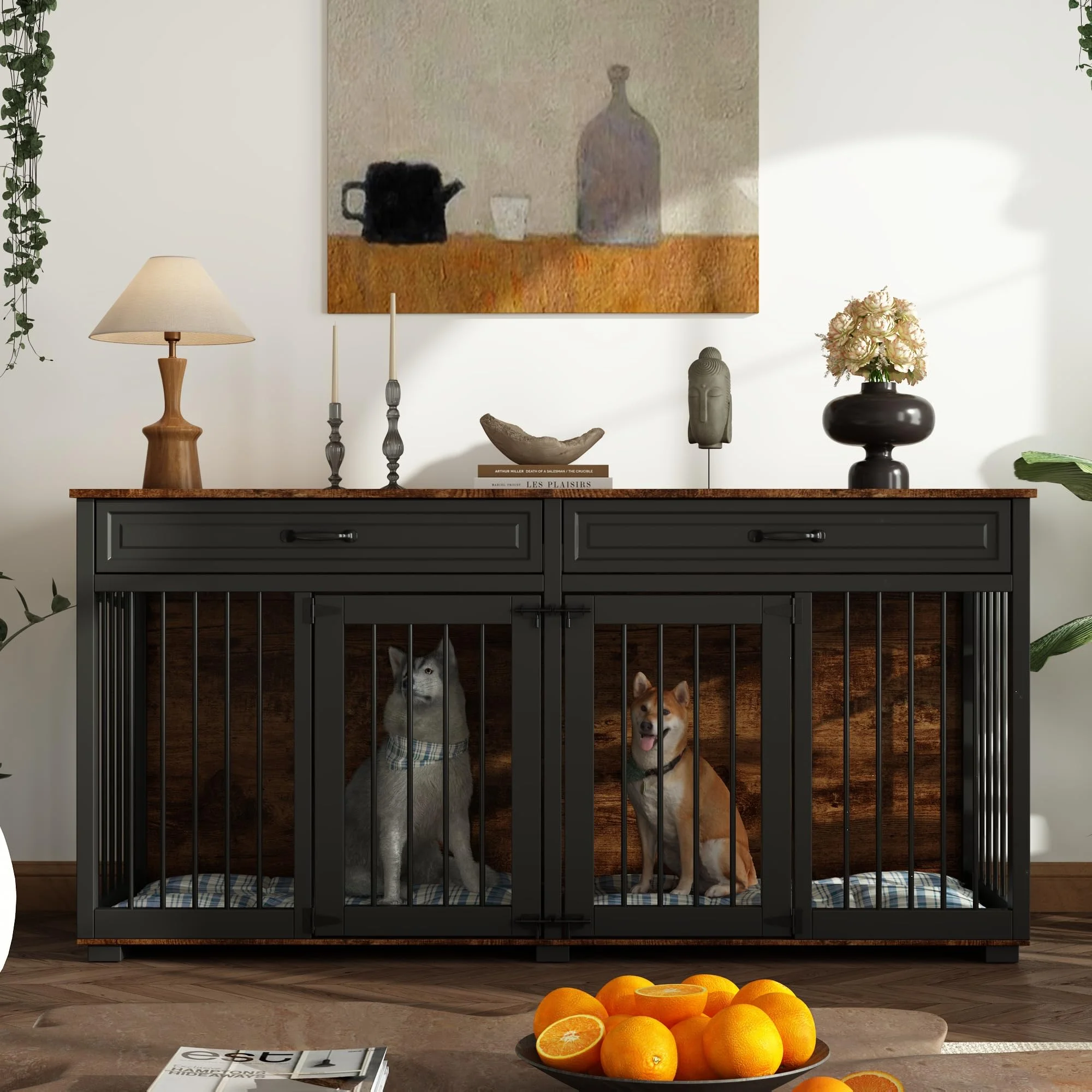 Hundekäfig Schrank XXL, Hundekäfig mit 2 Schubladen und 2 Türen, Hundebox für Zuhause Große/Mittlere Hunde,Beistelltisch, Hundehütte Indoor, Hundehaus für Zuhause, Schwarz, 164 x 60 x 80 cm, Eisen