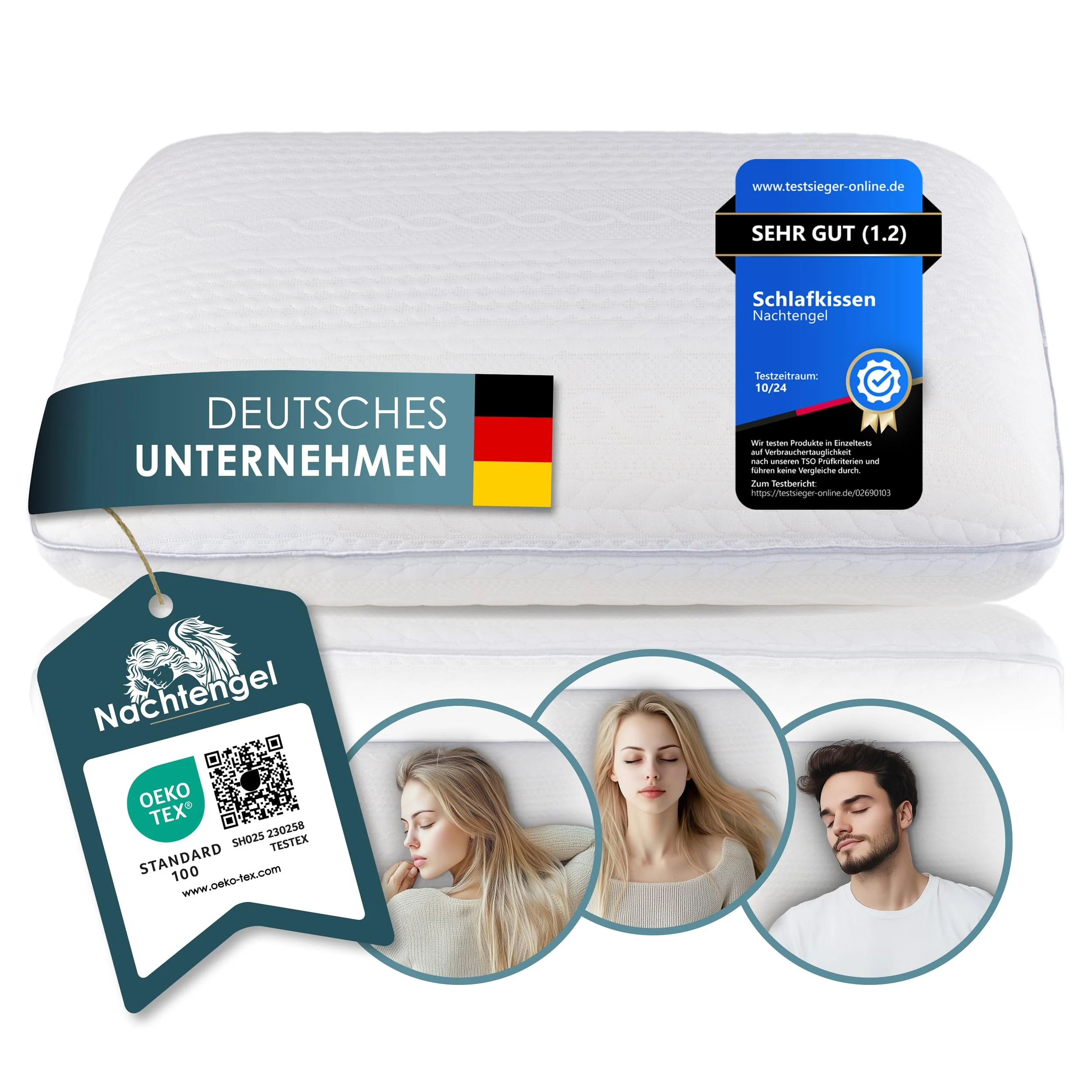 Nachtengel Schlafkissen - Orthopädisches Memory Foam Kopfkissen, Ergonomisch & gegen Nackenschmerzen, für alle Schlaftypen (Rücken-, Bauch- & Seitenschläferkissen) (1 Stück, weiß, 12cm Höhe)