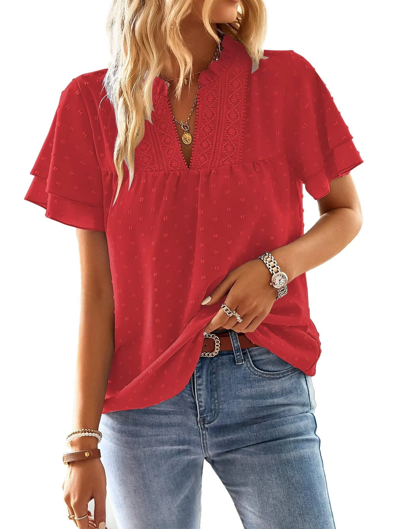 TUUHAW Top Damen Sommer Boho Bluse Kurzarm Oberteile Fließend Elegant V-Ausschnitt T Shirt Lässig Outfits Spitze Kleidung