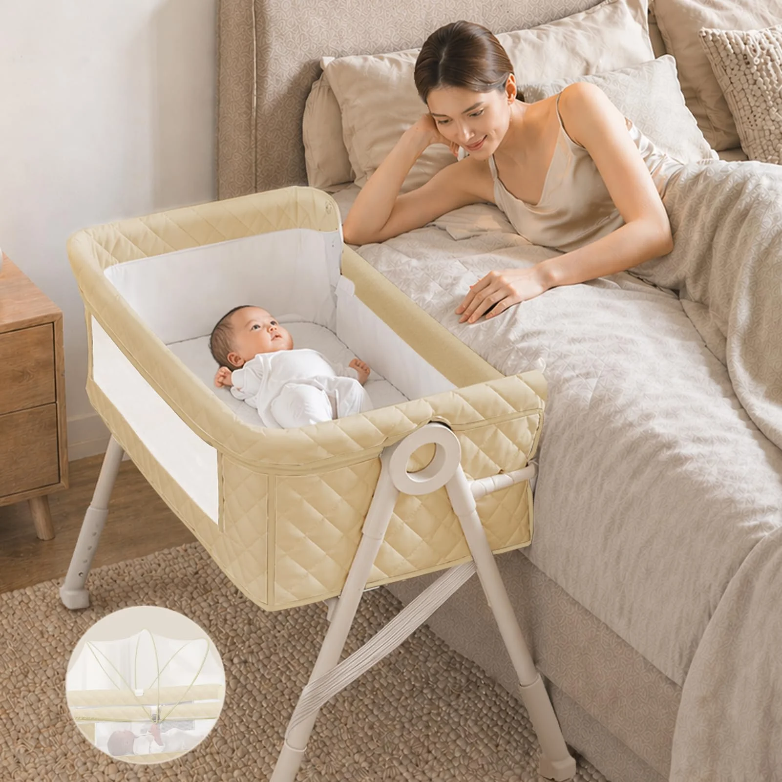 Youluzhen Beistellbett Babybett Für Neugeborene Baby-Beistellbett Mit 4 Auto-Lock-Funktionen Und Höhenverstellbar Atmungsaktives Netz & Matratze