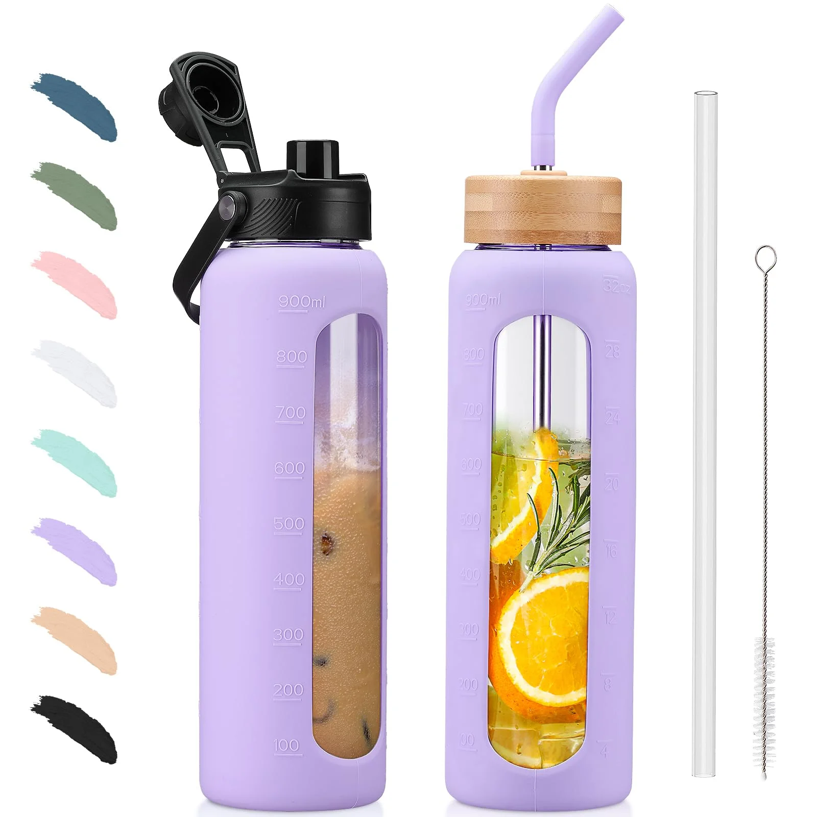 BLUEGO Trinkflasche Glas 900ml Sport Wasserflasche mit 2 Deckeln und Strohhalm Auslaufsichere Glasflasche mit Zeitmarkierung und Messskala BPA frei, Violett
