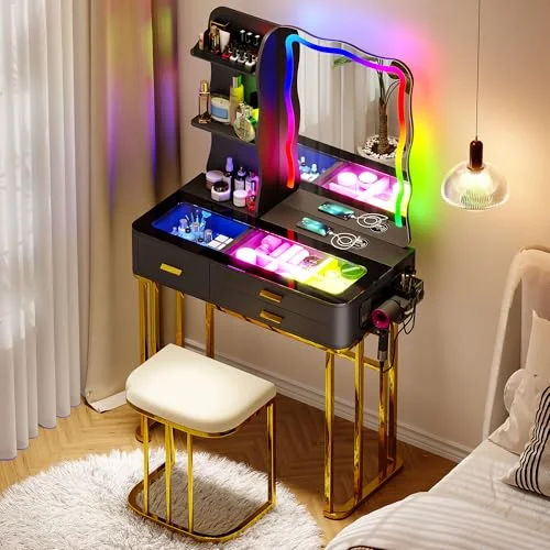 Gurexl Schminktisch mit LED Spiegel und Ladefunktion,schmuckschrank mit Glasplatte und Gepolsterter Hocker,Frisiertisch mit Haartrocknerständer für Schlafzimmer Wohnzimmer Mädchen Geschenk