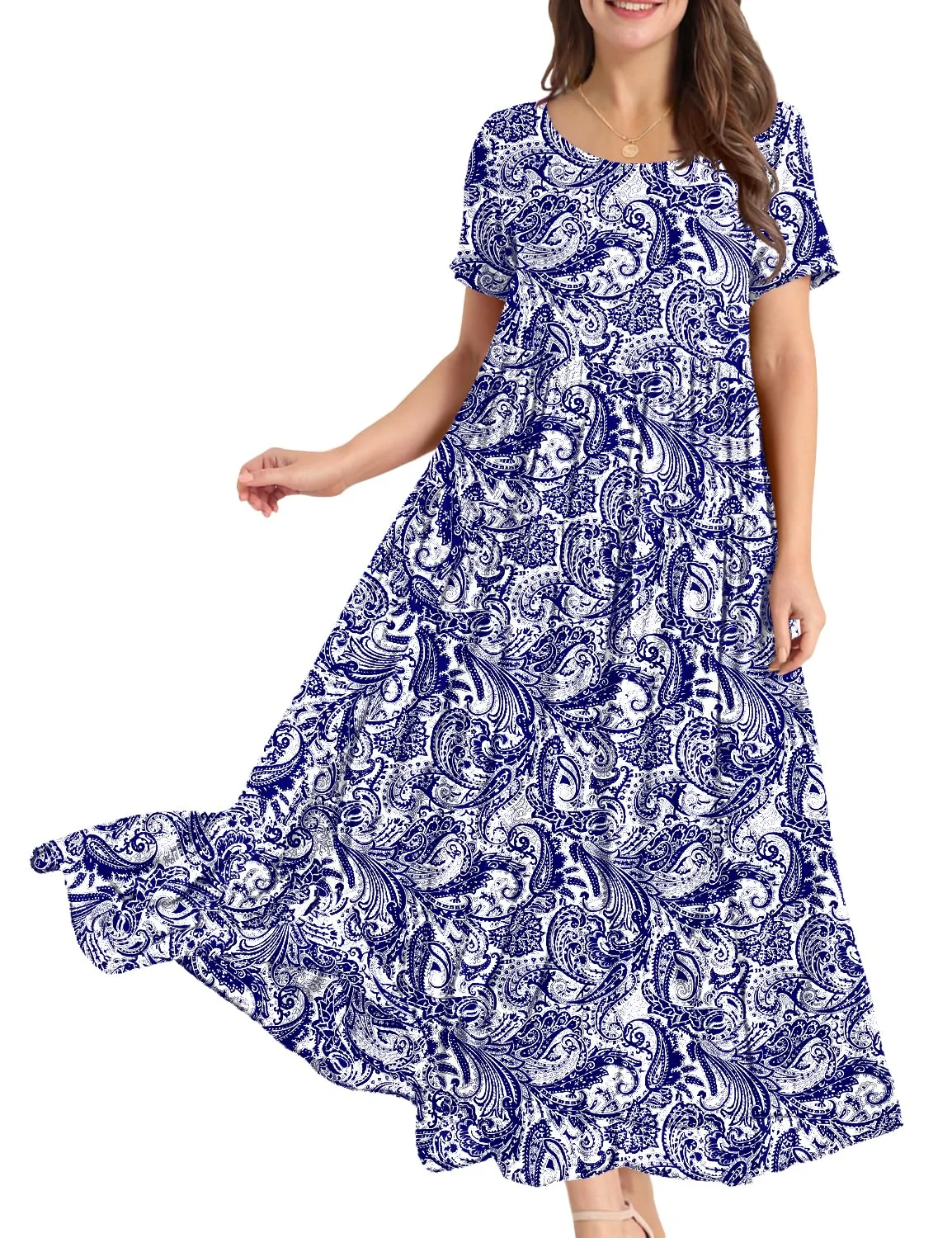 YESNO Damen Kleider Freizeit Lose Sommerkleid Lang Boho Maxikleid für Rundhals Strandkleid Blumenkleid EJFDE