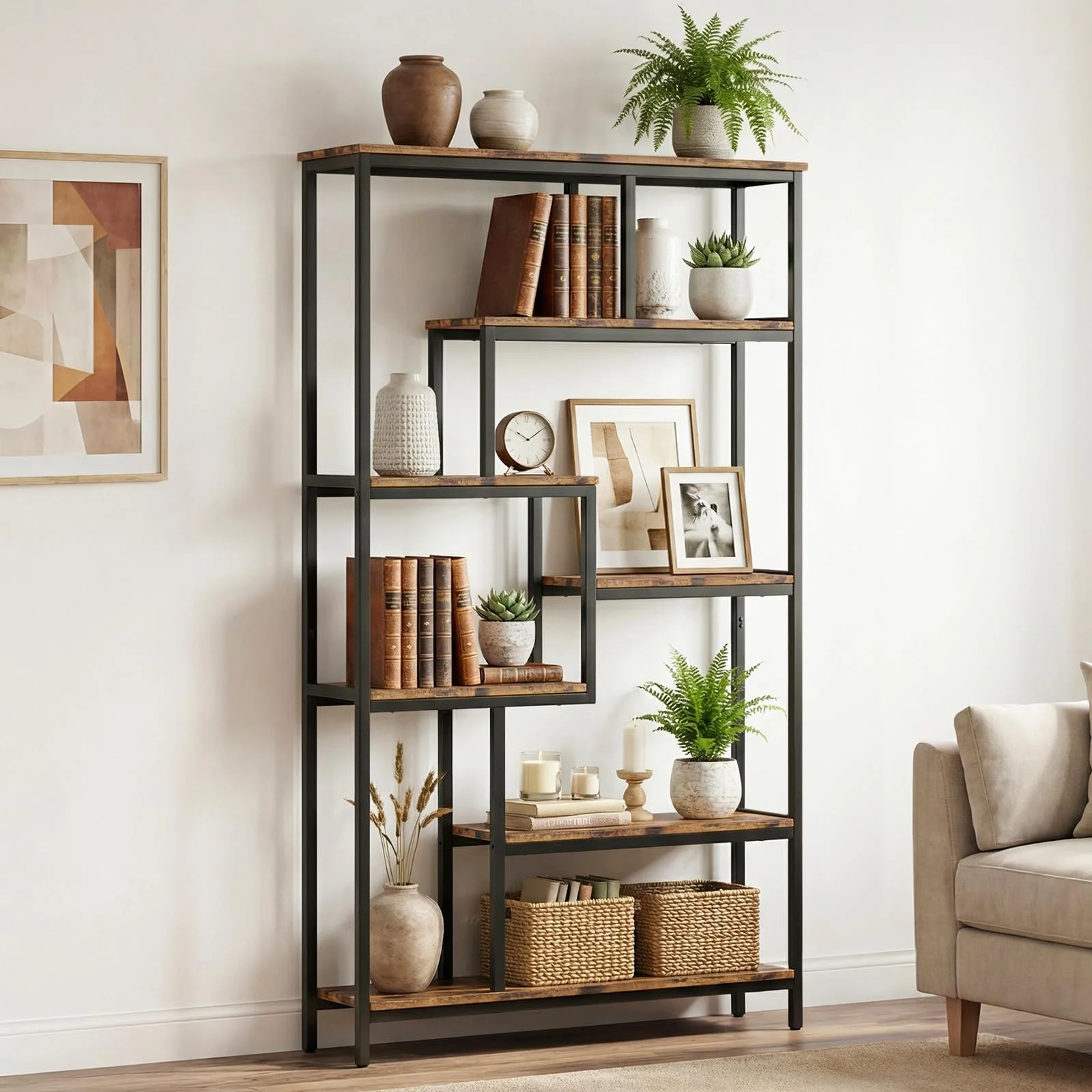HOKEEPER Bücherregal, 7-stöckiges Buchregal, Versetztes Standregal, Bookshelf, Offenes Freistehendes Regal für Wohnzimmer, Industriedesign, 98x30x180cm, Büro, Arbeitszimmer