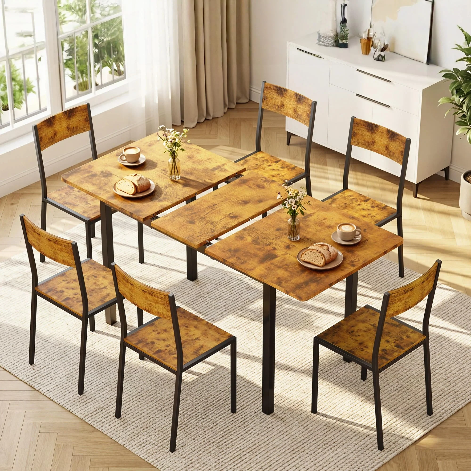 Xbro Esstisch Set 6 Personen Ausziehbar, Essgruppe mit 6 Stühlen, Stabil Platzsparend, Einfache Montage, Für Küche und Esszimmer 110–140 cm
