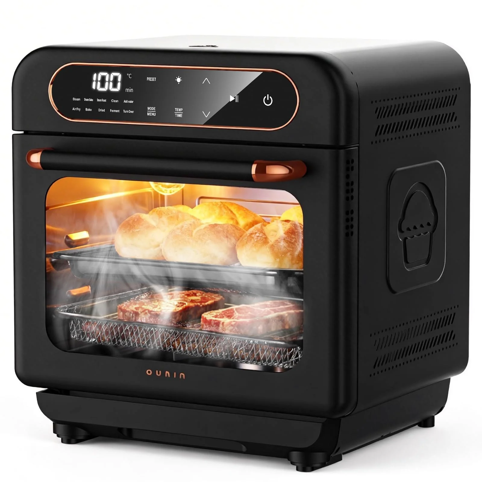 OUNIN Airfryer Backofen, Heißluftfritteuse, Zweizonen-Kochung, Minibackofen mit 360° Heißluftzirkulation, Geeignet für Heißluftgaren, Backen, Dampfgaren & Mehr Gararten