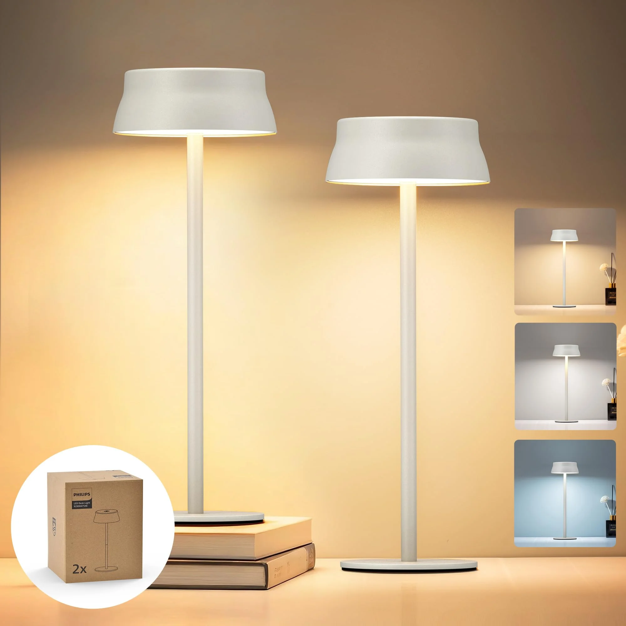 Philips Tischlampe Kabellose, Portable LED Akku Tischleuchte mit 2 stufig höhenverstellbar, Touch Stufenlos Dimmbar Nachtlicht, Wasserdicht für Schlafzimmer