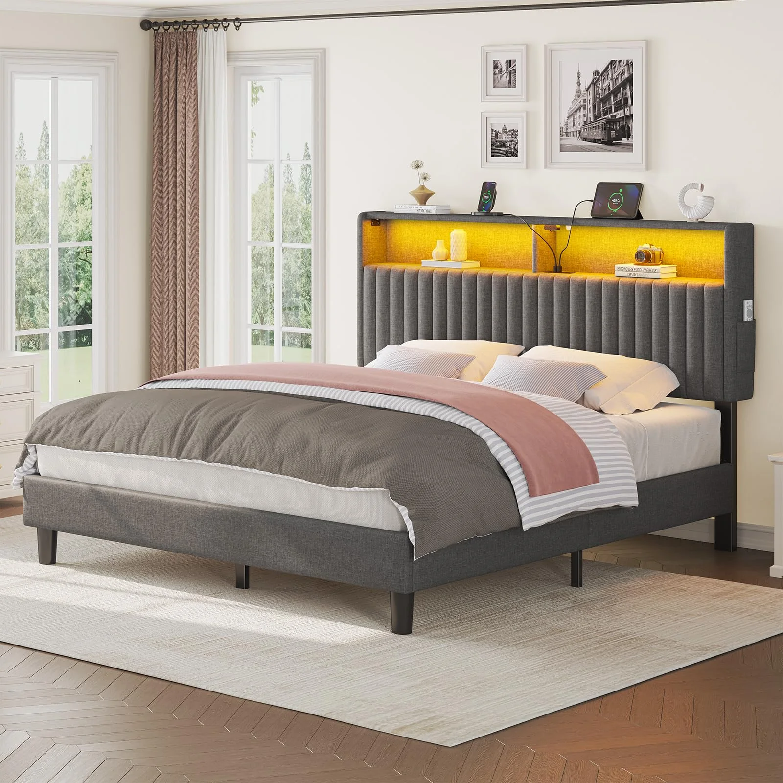 Seventable Bett mit Ladestation, Metallbett mit Gepolstertem Kopfteil & LED, Bettgestell mit Zweischichtige Ablage, geräuscharm & einfache Montage, perfekt für Schlafzimmer (Grau, 140 x 200 cm)