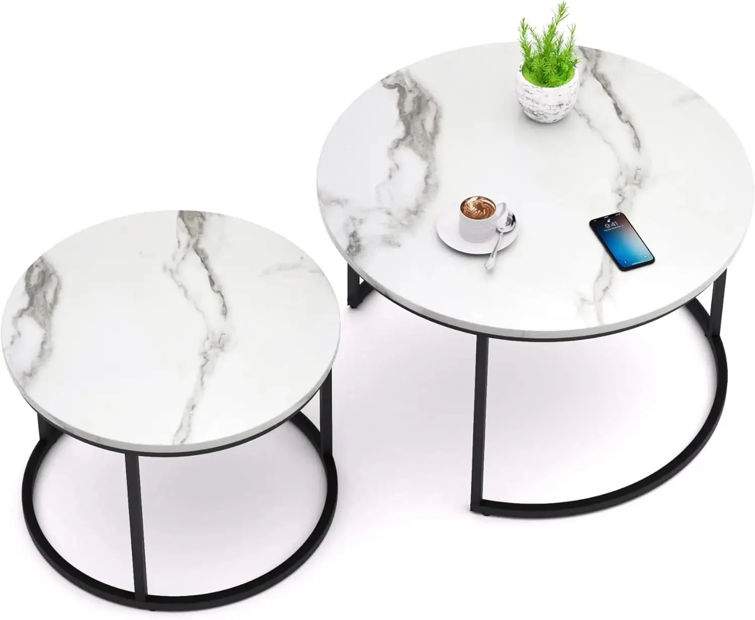 Home Heaven® Couchtisch rund Marmor 2er Set – Runder Couch Tisch in Weiss Marmor Optik mit Schwarze Metallgestell – Moderner Tisch für Wohnzimmer, Schlafzimmer & Balkon, Ø70/Ø50cm