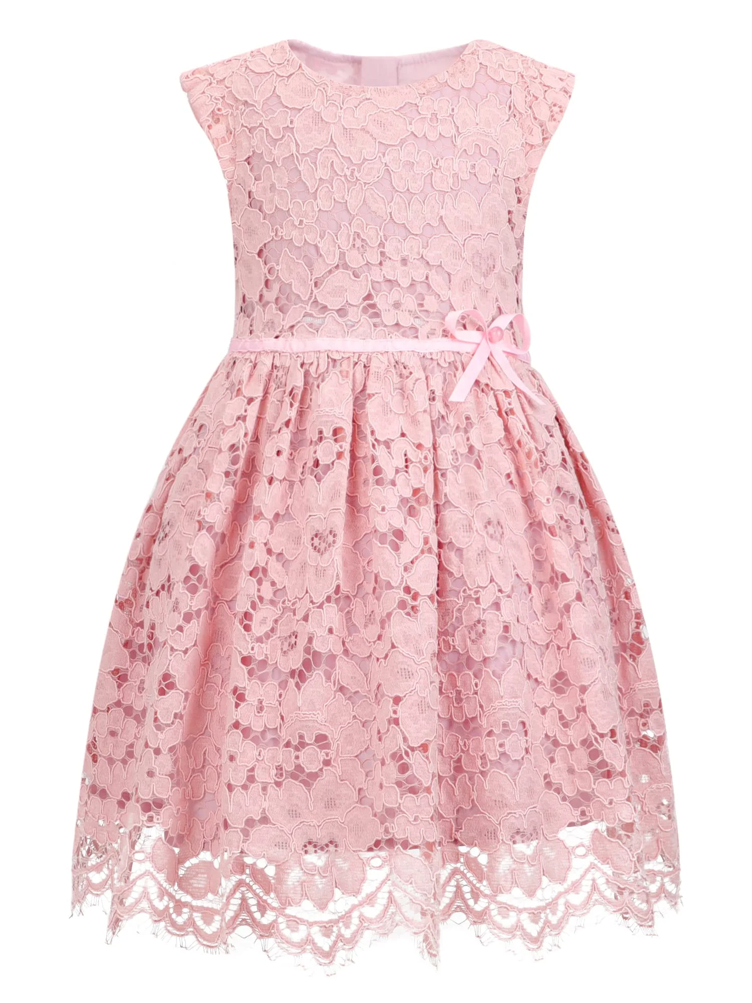 ALLOVIN Mädchen & Kleinkinder Oster Ärmelloses A-Linien Spitzen Party Kleid Geburtstags Blumenmädchen Kleid mit Perlen-Schleife 2-12 Jahre