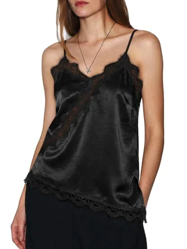 Cicy Bell Damen Spitzentops V Ausschnitt Satin Tank Top Ärmellose Rückenfrei Camisole Sommer Spaghetti Shirts mit Asymmetrischem Saum