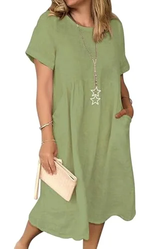 Tincini Sommerkleid Damen Leinen Kleider Casual V-Ausschnitt Midikleid Kurzarm A-Linie Kleid Strandkleid Ohne Zubehör