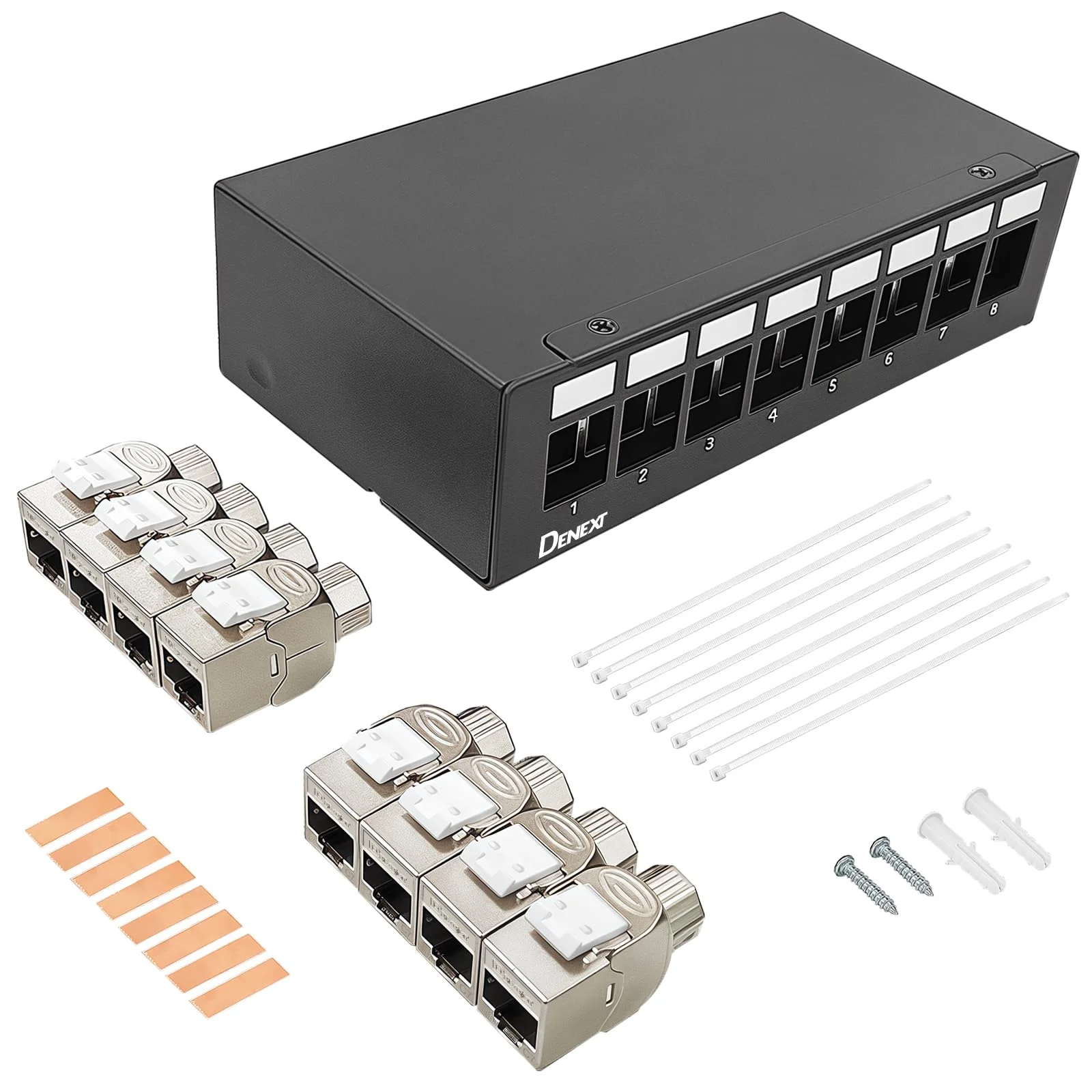 DENEXT 8 Port Patchpanel - 8x Cat7 RJ45 Keystone Jack Modul Patchfeld 1 HE STP 10 Gbps Kompatibel mit CAT6 CAT6a CAT7 Ethernet LAN-Desktop & Wandmontage