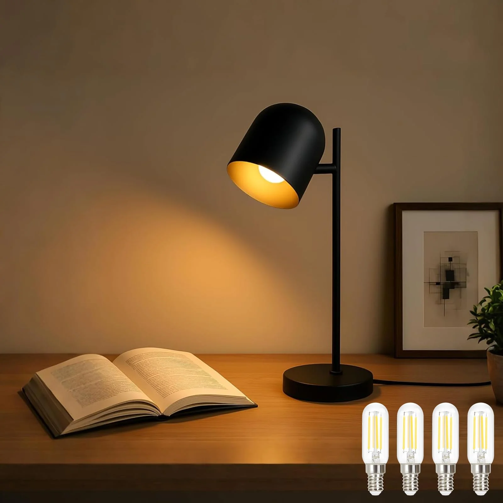 Kowanie Tischlampe Vintage retro Nachttischlampe: Tischleuchte Wohnzimmer industrial in Schwarz Gold aus Metall E14 Nachttischleuchte mit Kabel inkl. 4 × 4W 2700K Leuchtmittel für Schlafzimmer