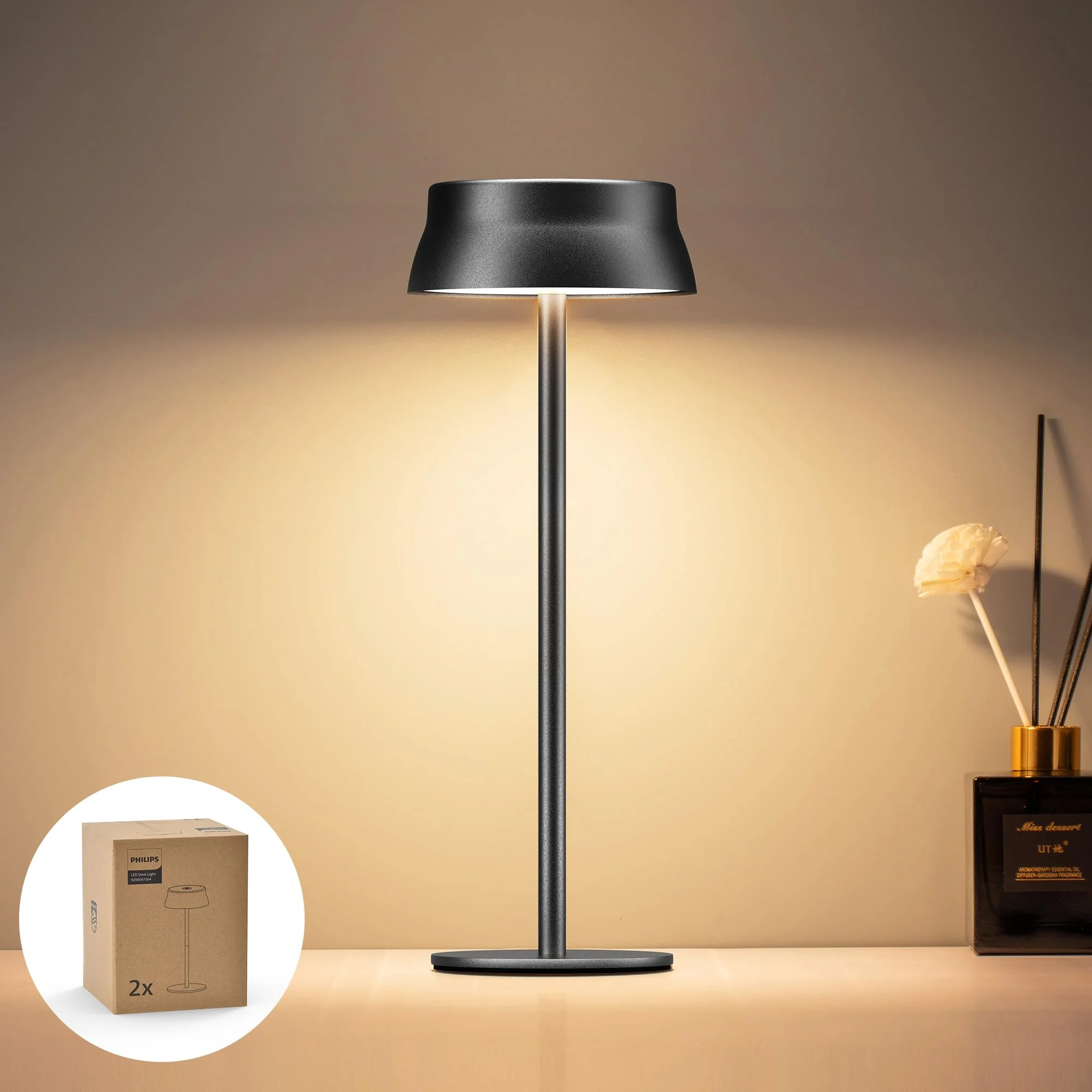 Philips Tischlampe Kabellose 1 Stück, Portable LED Akku Tischleuchte mit 2 stufig höhenverstellbar, Touch Stufenlos Dimmbar Nachtlicht, Wasserdicht für Schlafzimmer, Schwarz