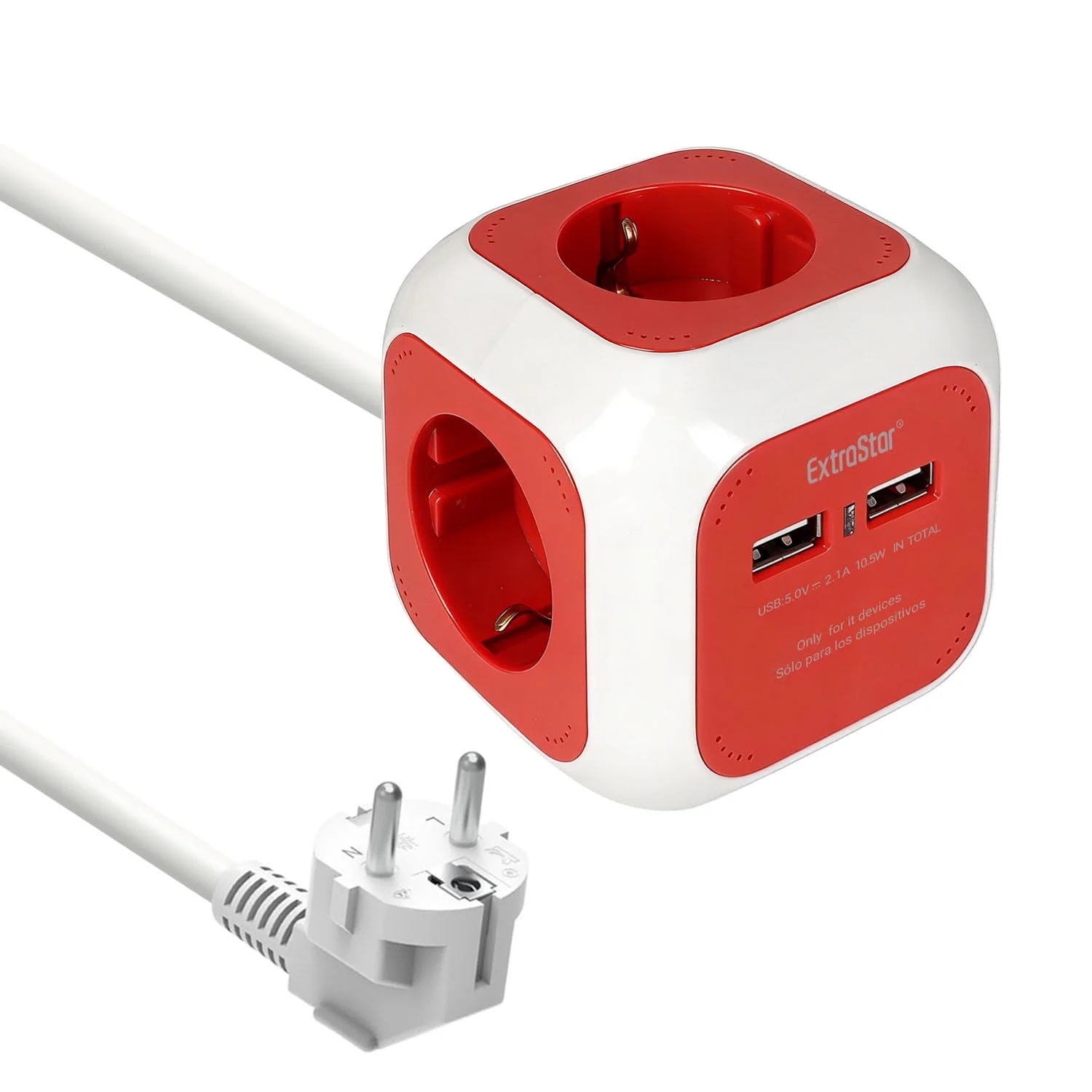 EXTRASTAR Steckdosenwürfel mit 2 USB-Anschlüssen(5V/2.1A), 4-Fach Steckdosenleiste mit 1.5M Kabel, Mehrfachsteckdose Würfel für Büro, Heim oder Reise, Rot