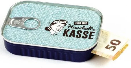 Geldgeschenke Verpackung Sardinendose "HAUSHALTSKASSE" Geld Geschenkverpackung für Reise, Umzug, Geburtstag oder als Geldgutschein | inkl Aufkleber für individuelle Botschaft | made by Scherzboutique
