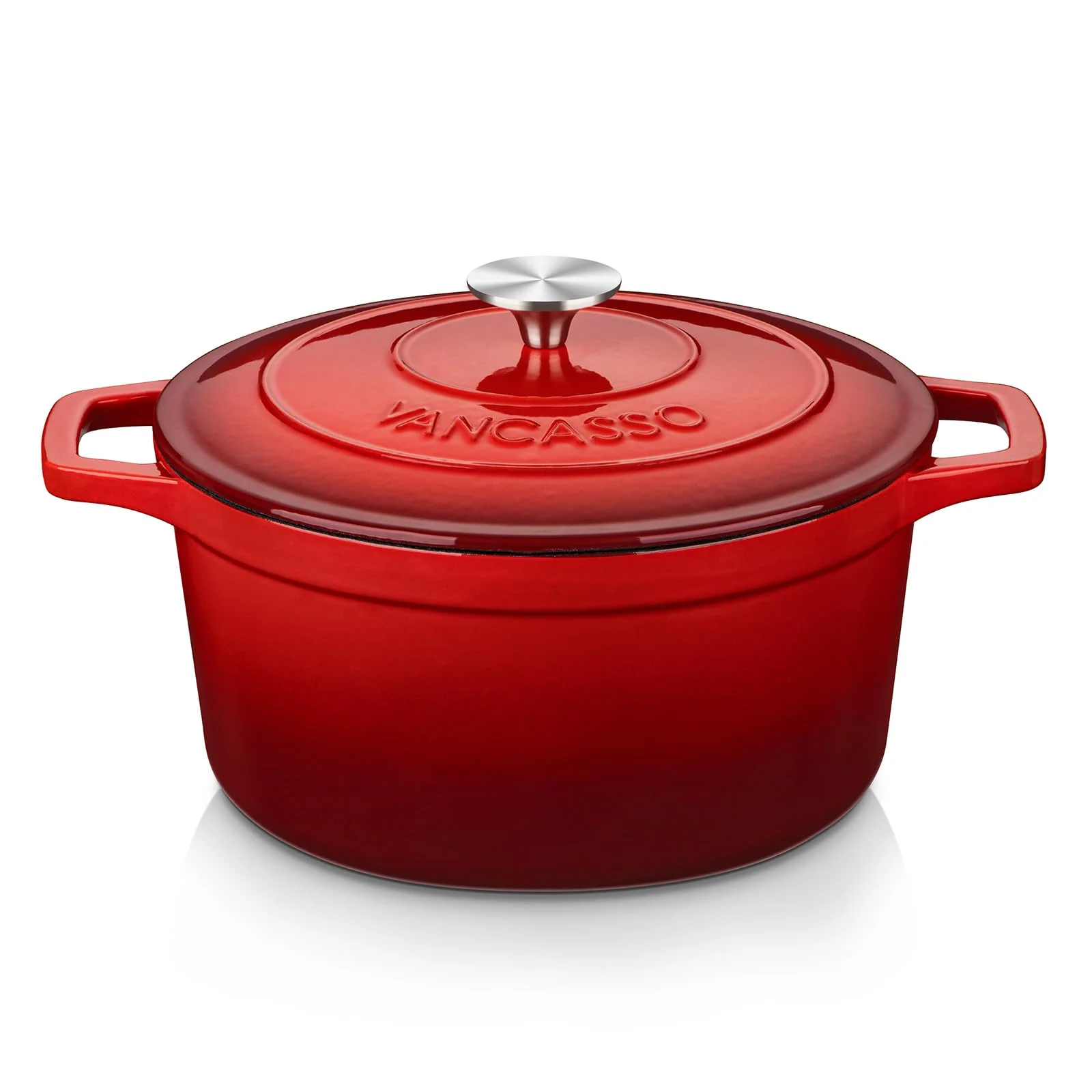 vancasso Brottopf zum Backen Gusseisen Topf, 5L Ø 26cm Emaillierte Beschichtung,Gusseiserner Brottopf zum Backen, Kasserolle, Gussbräter für Alle Herdarten und Induktion Geeignet,Rund,Rot,5L