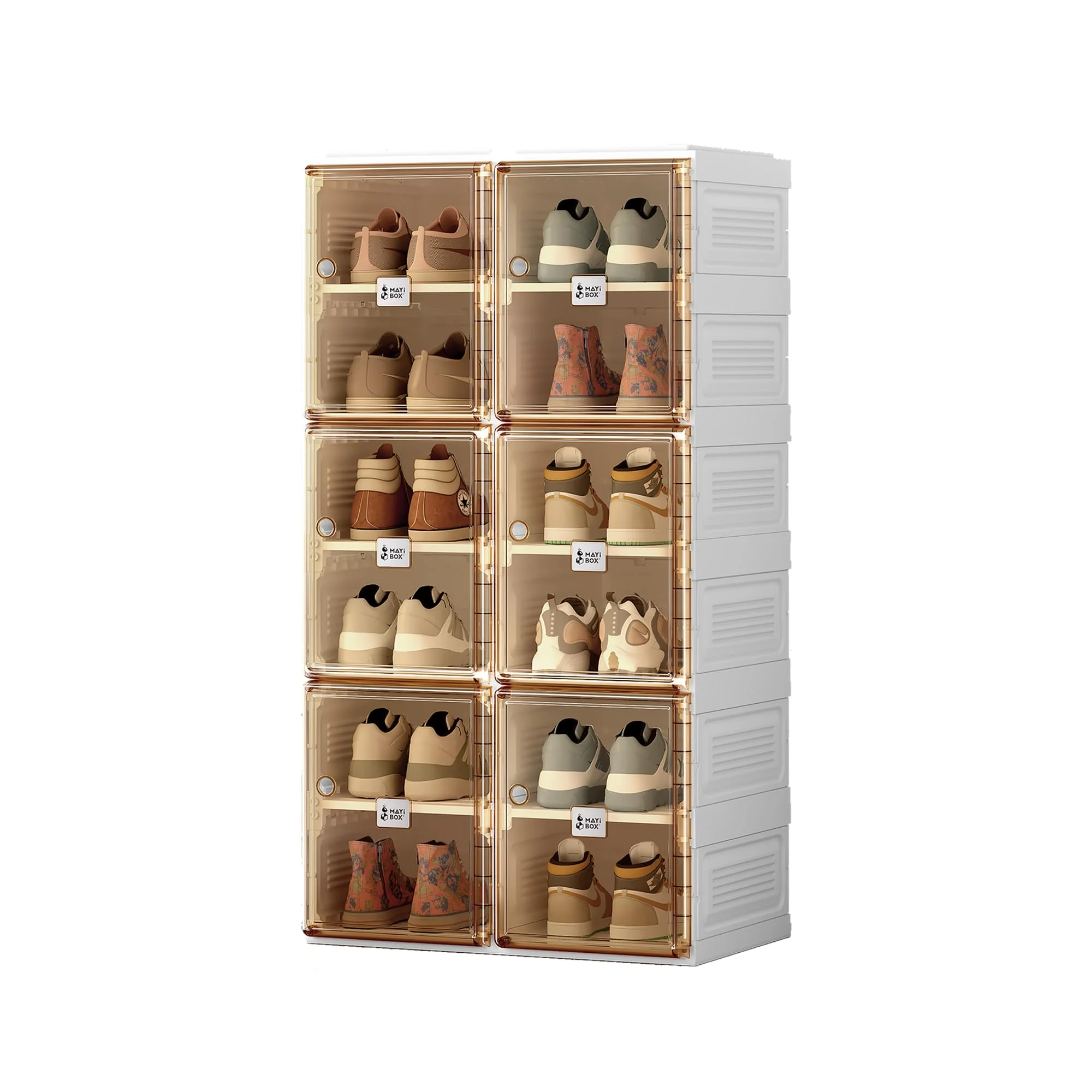 MAYIBOX Transparente schuhregal,schuhboxen stapelbar Braun, mit magnetischer Tür, für Stöckelschuhe, Stiefeletten, Pumps