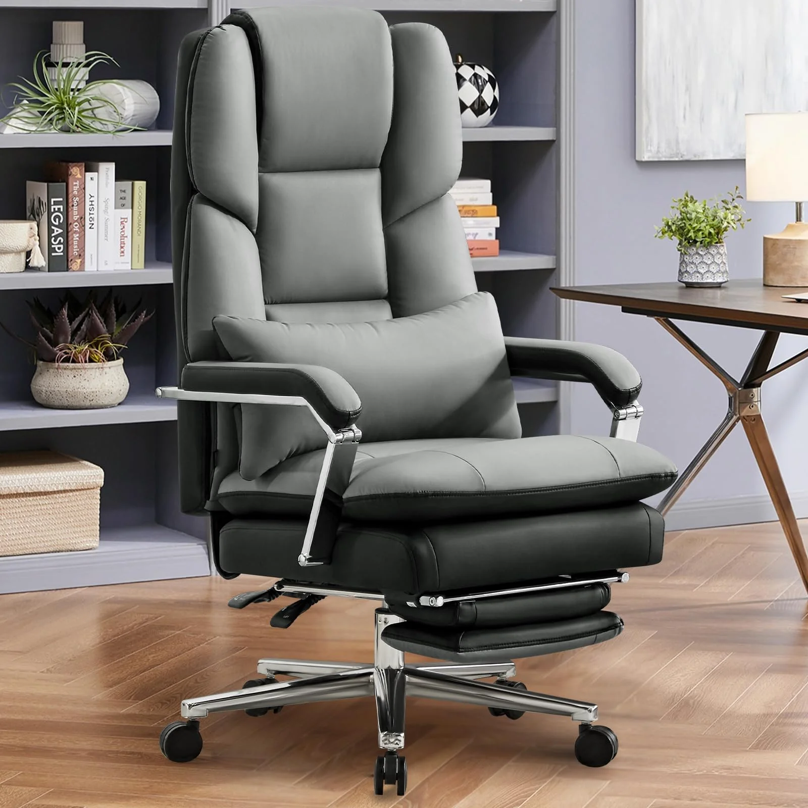 Ckaff Bürostuhl Ergonomisch, PU Leder Chefsessel, Bürostuhl 200kg mit Fußstütze und Lendenwirbelstütze, Home Office Stuhl Verstellbarer Stuhl mit hoher Rückenlehne, Grau