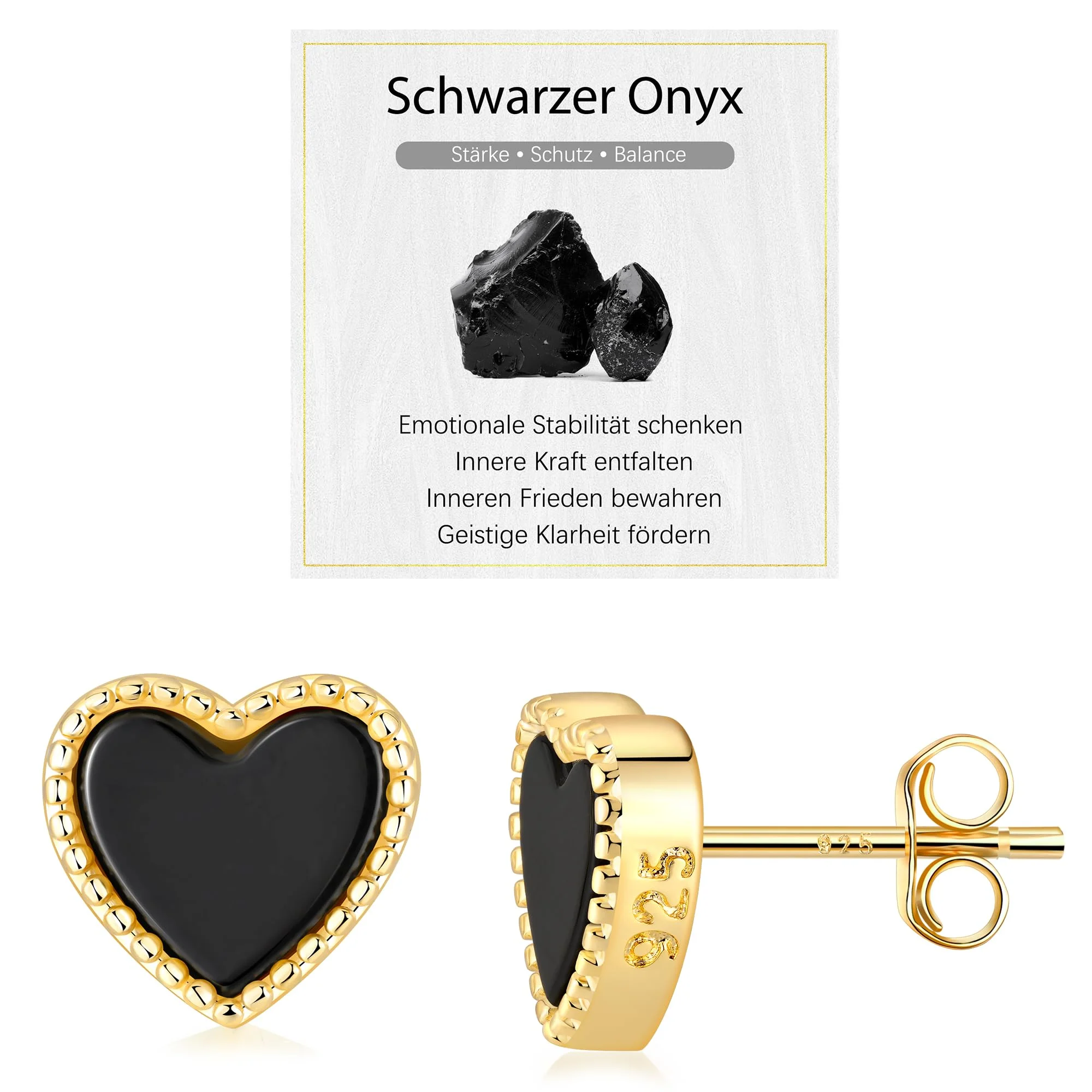 JENDEAR Schwarzer Onyx & Weiße Perlmutt Ohrringe Silber 925 für Damen Hypoallergene Nickelfrei Natürlicher Edelstein Ohrstecker, Schmuck Geschenke (Gold/Silber)