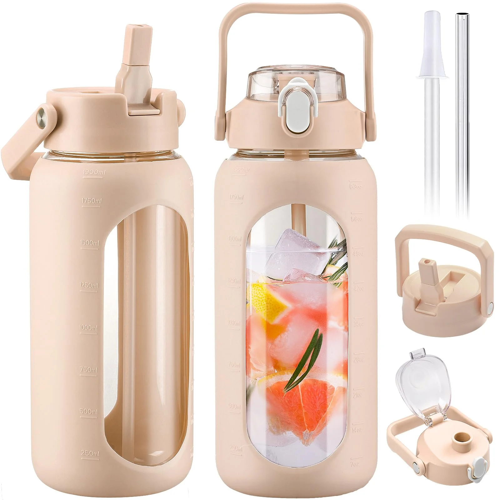 BLUEGO 2000ml Glasflasche mit 2 Deckeln Klappdeckel und Ausgießer Deckel Wasserflasche mit Strohhalm 2L große Trinkflasche mit Zeitmarkierungen für Zuhause Büro Auslaufsicher, Amber