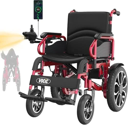 VOCIC Rollstuhl Elektrisch Faltbar Leicht bis 150KG,30KM Elektrischer Rollstuhl Outdoor Elektrorollstuhl mit 40CM Gummi Luftbereifung für all Gelände,Leicht zu transportieren