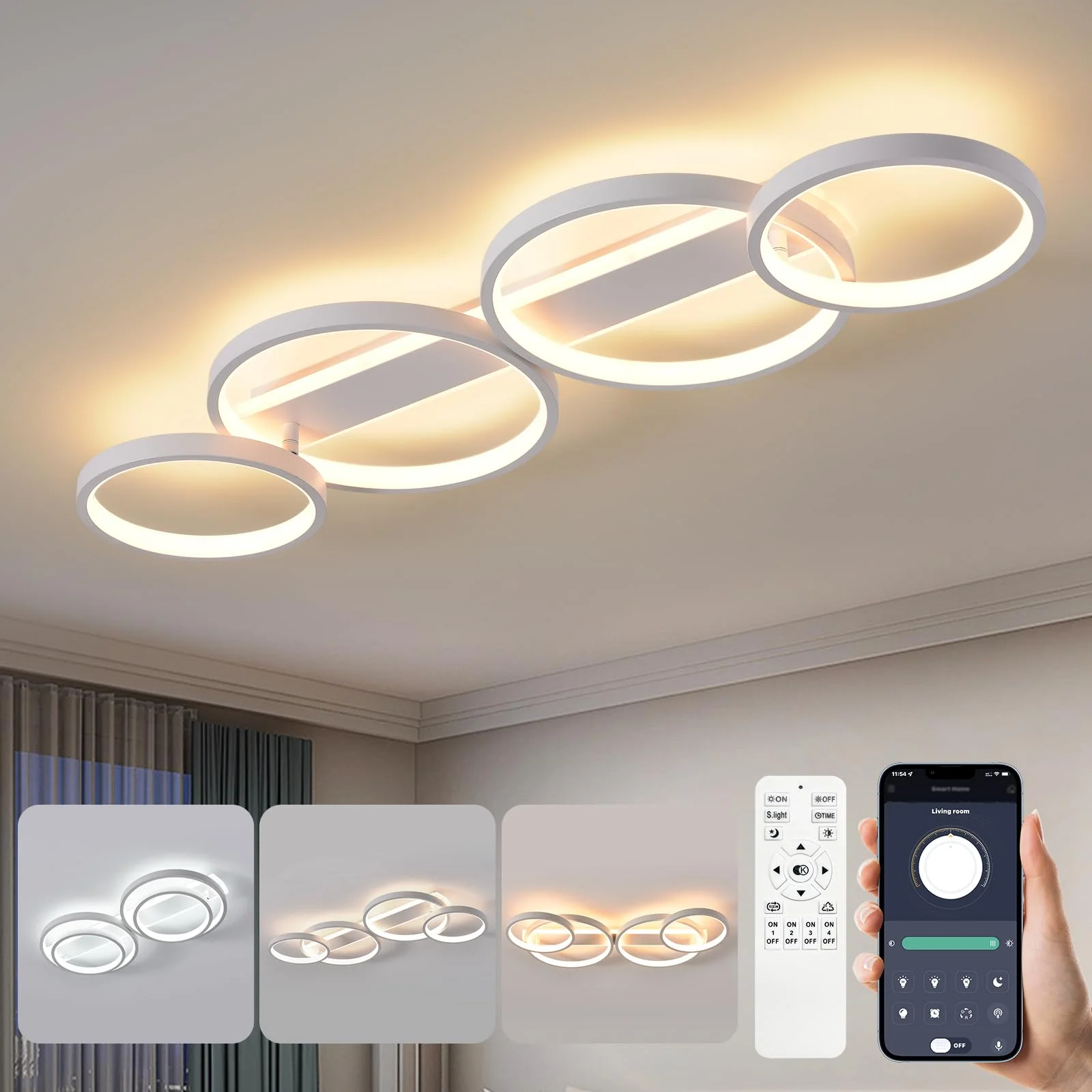 LED Deckenlampe,Dimmbar Deckenleuchte Mit Fernbedienung APP,Einstellbar Ringform Wohnzimmerlampe 4 Flammig Kronleuchter Lampe,48W 3000-6500K deckenbeleuchtung für Schlafzimmer Wohnzimmer,Weiß 86cm