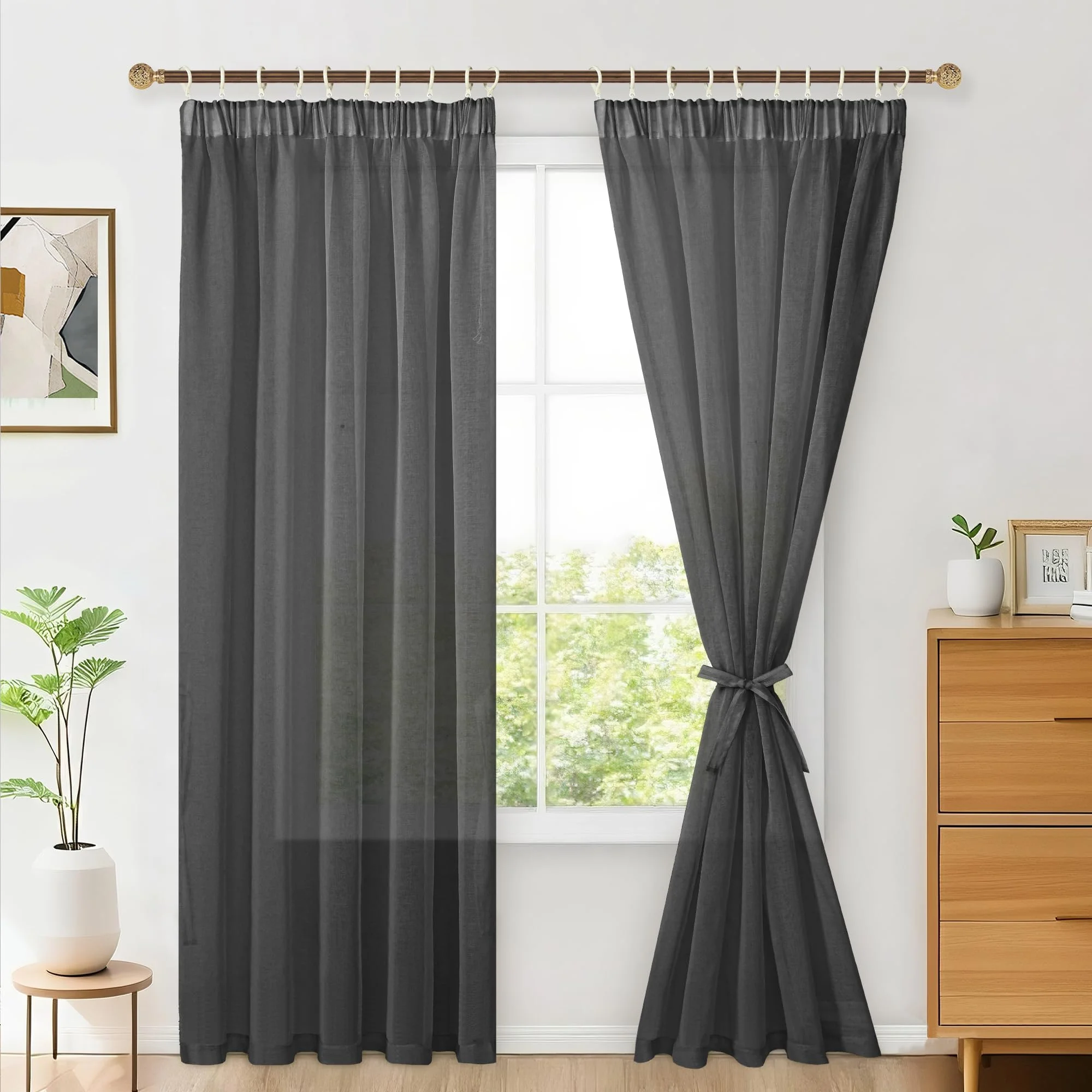 Hiasan 2er Set Sheer Voile gardinen vorhänge gardine Wohnzimmer mit Kräuselband Curtains scheibengardinen Vorhang Transparente Durchsichtig Luftig Dekoschal für Schlafzimmer 225x140cm(HxB) Schwarz