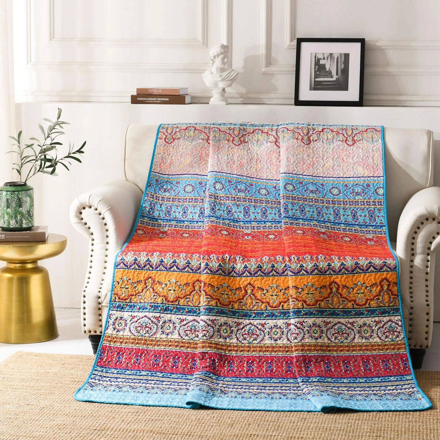 Qucover Tagesdecke 150x200 Bettüberwurf Tagesdecke Bunt, Zweiseitige Tagesdecken Boho Stil für Einzelbett, Wendedecke, Wohndecke Sofadecke Sofaüberwurf mit Sonnenblumen-Muster (Bunte-1, 150x200cm)