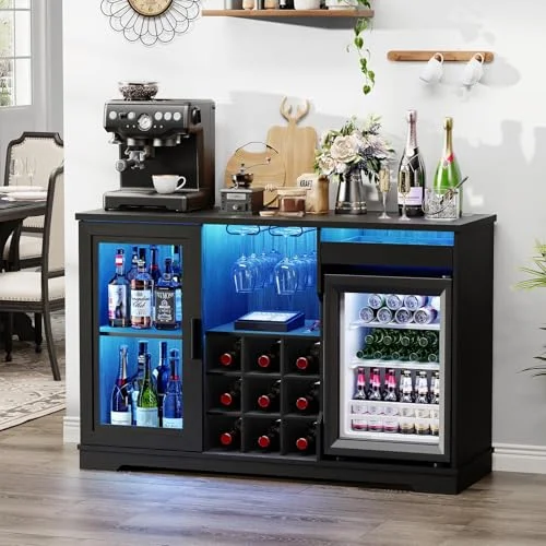 BROTTAR Barschrank mit Kühlschrank (inklusive), weinkühlschrank mit LED-Beleuchtung, Getränkeschrank Sideboard mit Bewegungssensor, Weinschrank für Wohnzimmer Küche Esszimmer
