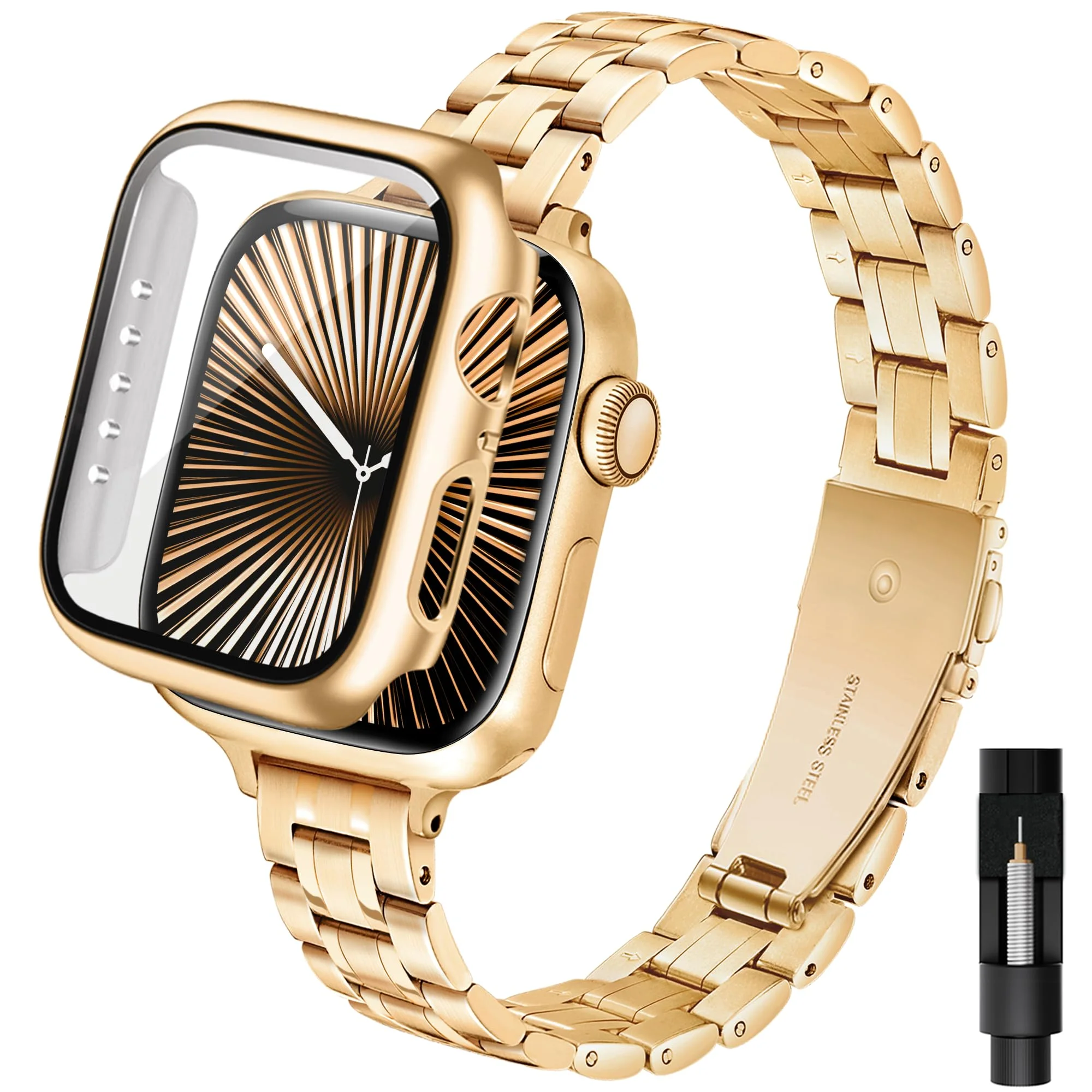 Aniaboho Damen Schlankes Metallarmband Kompatibel mit Apple Watch Armband 41mm mit Schutzhülle, Slim Hochwertiger Edelstahlarmband, Band und Hülle für iWatch Series 9 8 7(41mm Golden)
