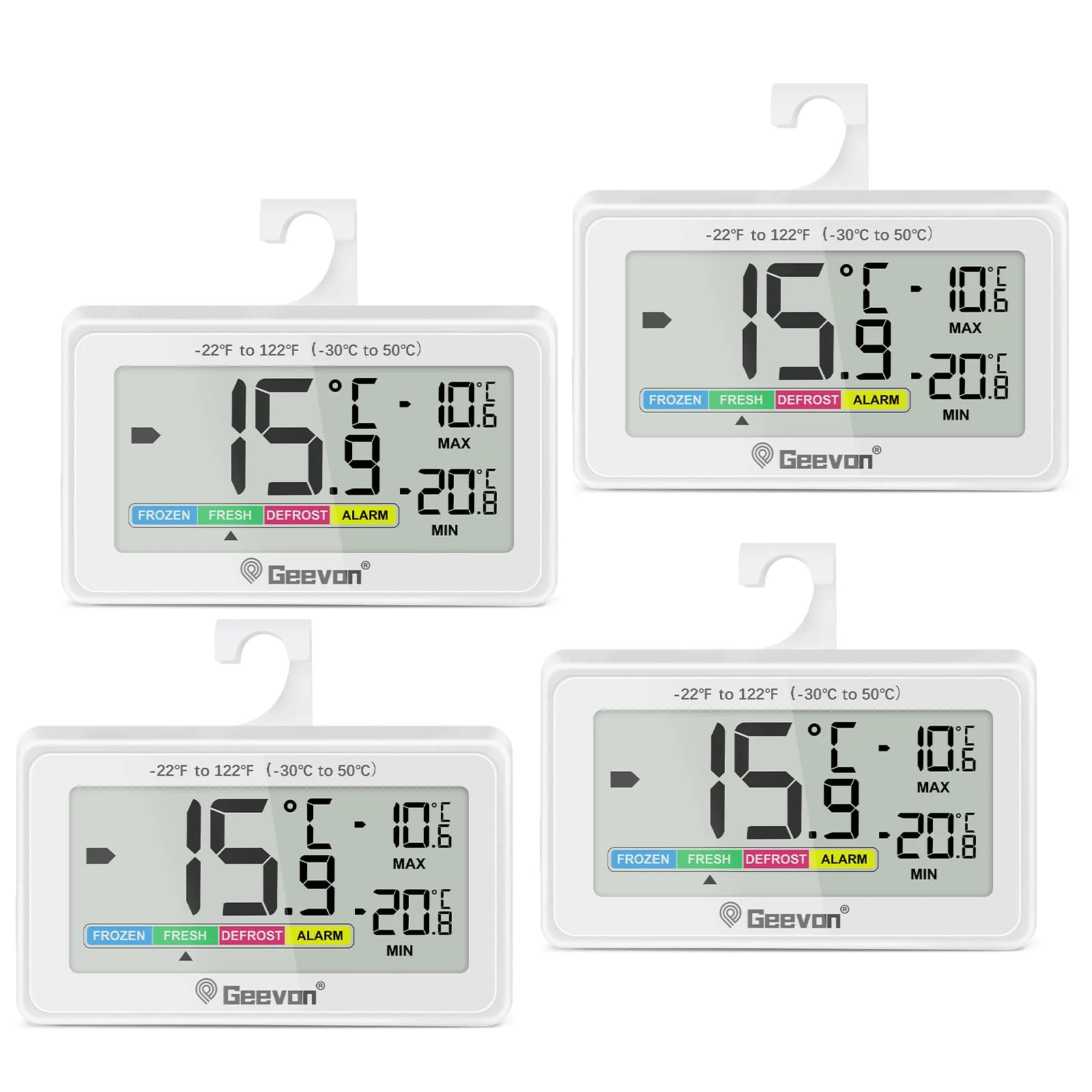 Geevon Kühlschrankthermometer, Digital Mini, IP65 Wasserfest, für Kühlschrank Gefrierschrank Innen Thermostat mit LCD Bildschirm, Max Min Aufzeichnung - mit Batterien (8707A-WH-4)