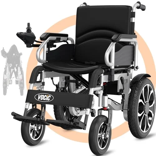 VOCIC Rollstuhl Elektrisch Faltbar Leicht bis 150KG,30KM Elektrischer Rollstuhl Outdoor Elektrorollstuhl mit 40CM Gummi Luftbereifung für all Gelände,Leicht zu transportieren