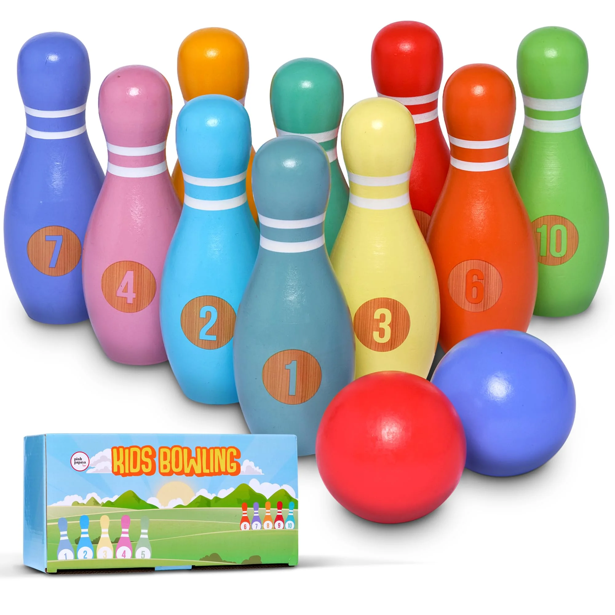 Pink Papaya XL Kegelspiel für Kinder - 12 teiliges Bowling Set, Outdoor & Indoor Spielzeug aus FSC-zertifiziertem Holz, schult & fördert Ihr Kind