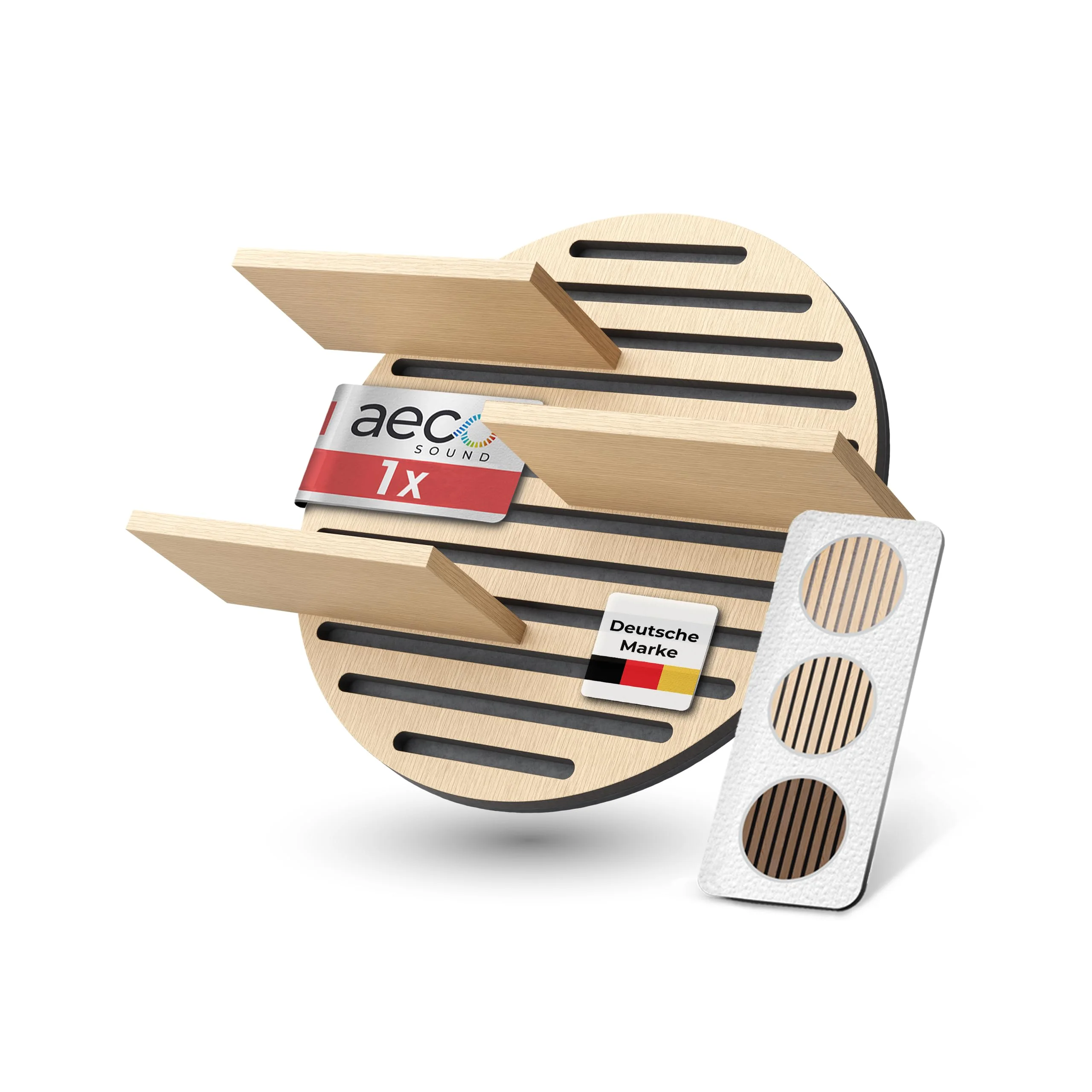 Aeco Sound® Akustikpaneele Holz Wandregal – Echtholz Eiche & Akustikfilz Schwarz | rund 70x60cm – Regal & Schalldämmung