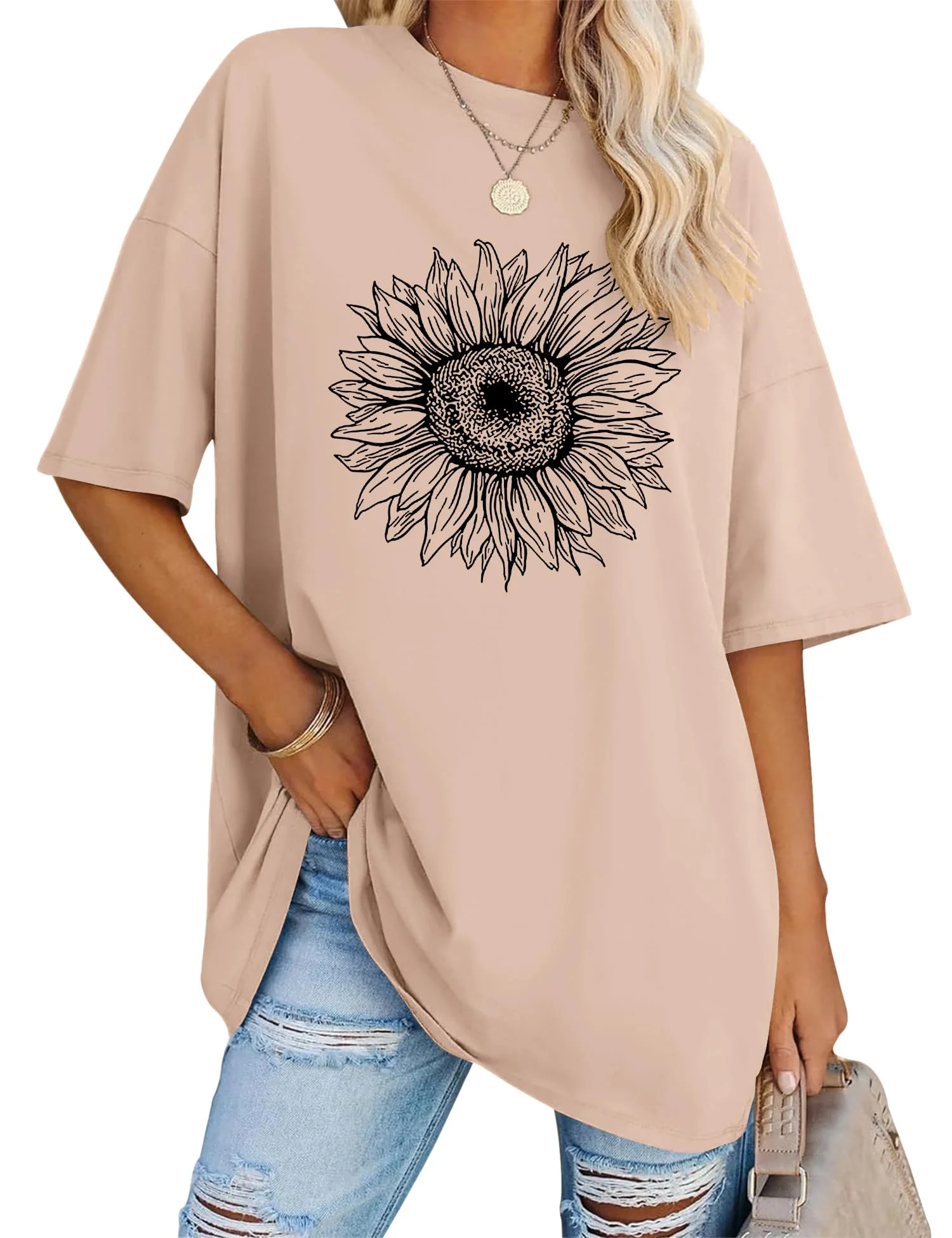 Damen Bluse Oversized T-Shirt Kurzarm Rundhals Tee Sommer Tops Casual Oberteil Elegant Tunika