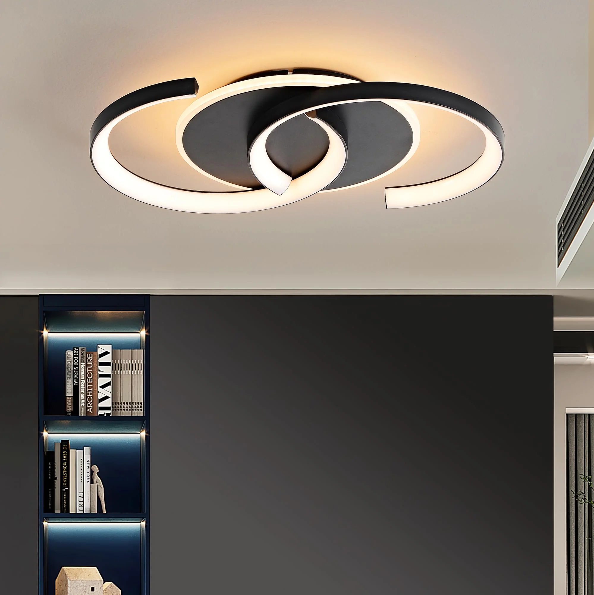 Meloweel LED Deckenleuchte Schlafzimmer 3000K warmes Licht, Modern schwarz „S“ 2-Ringe Deckenlampe 26W 40cm 2600lm, Schlafzimmerlampe, Flurlicht, Nicht dimmbar, Ohne Fernbedienung